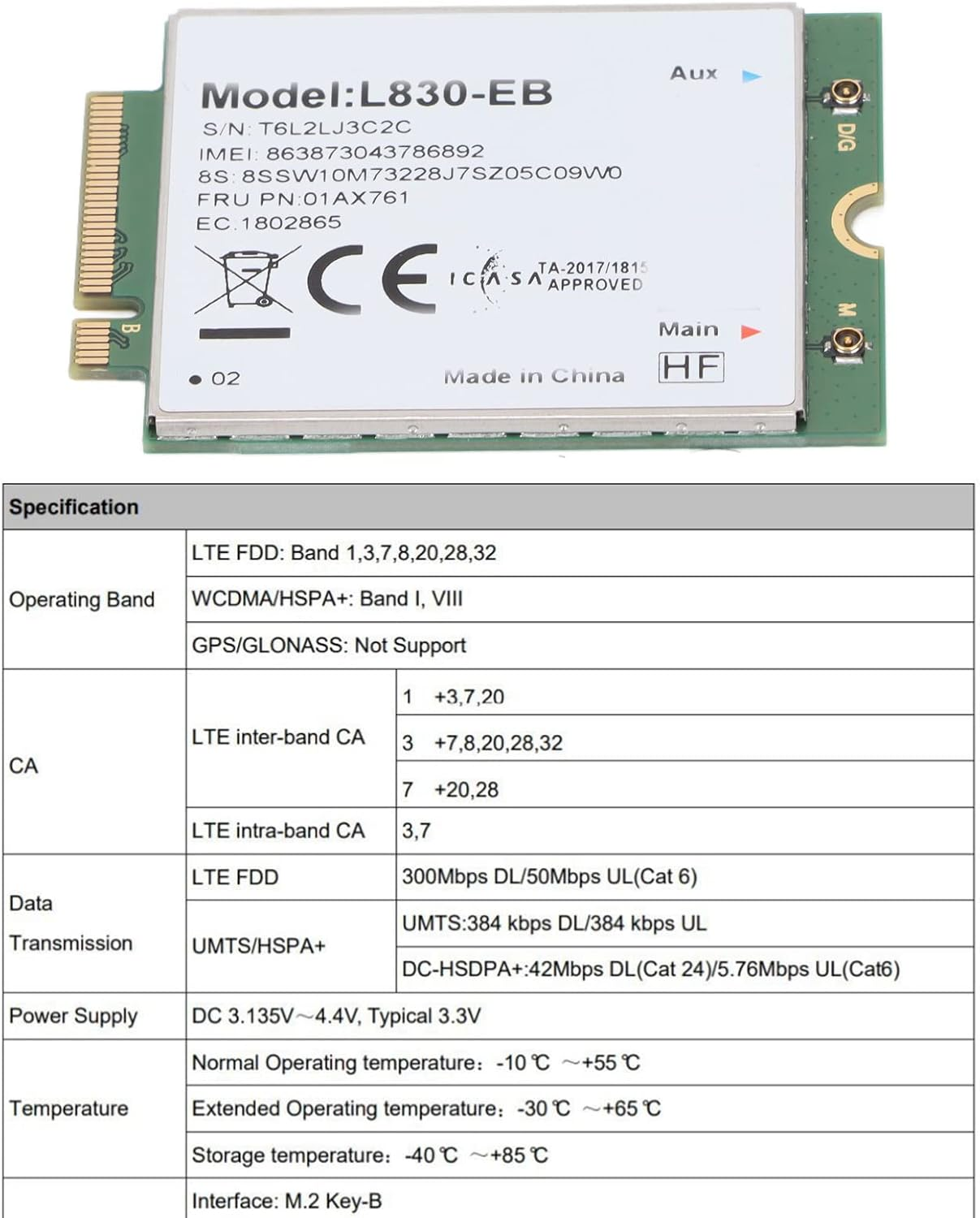 Network Card, 4G LTE FDD Module M 2 Key B Interface Computer Components for Thinkpad X280 X390 T480 P52S, Plug and Play