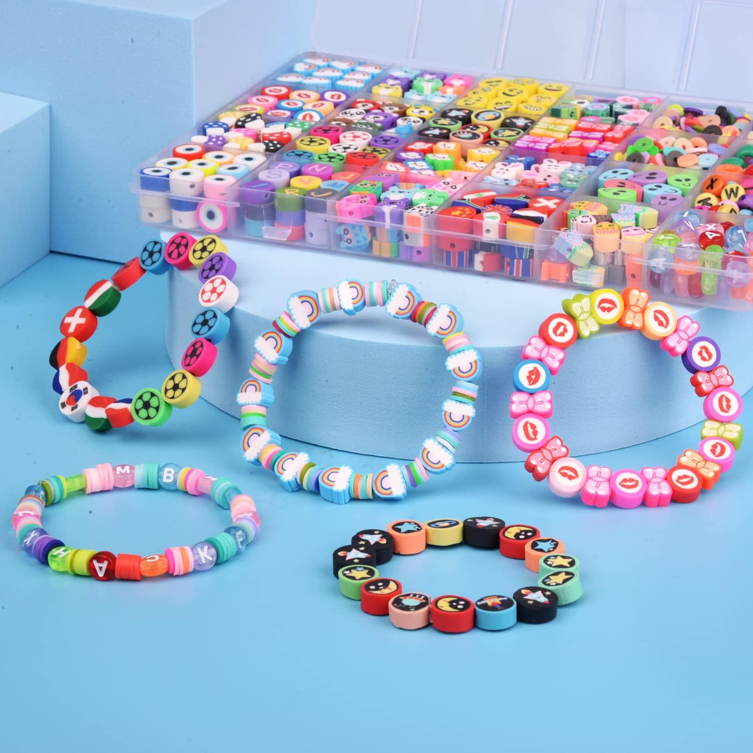 1000PCS Polymer Clay Beads Bracelet Making Kit, 24 Style Cute Fun Beads Flower Animal Rainbow Eye Charms for Jewelry Necklace Earring Making DIY Accessories for Women Girls image number 2