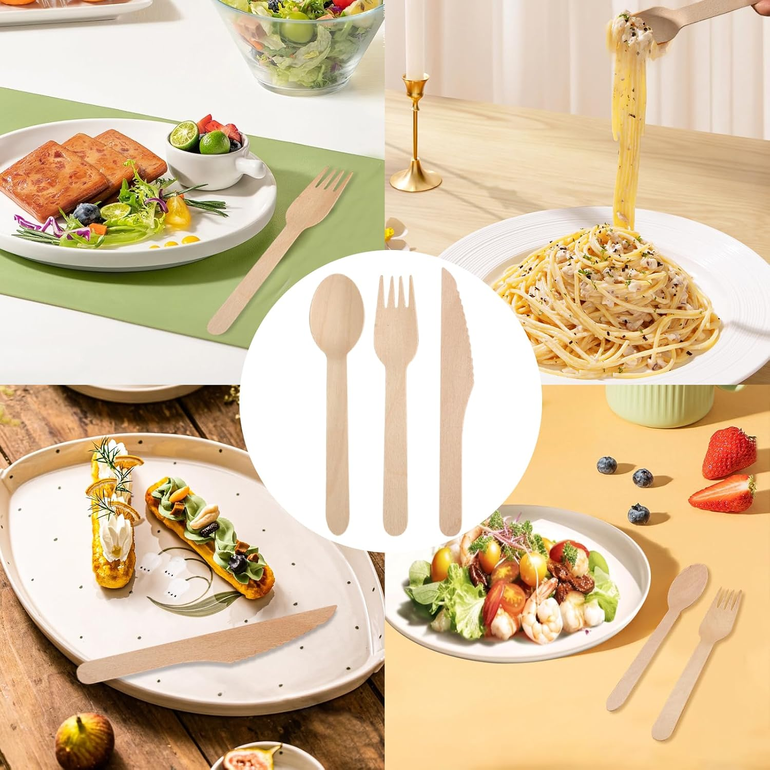 TNGAMFGT 360 Pieces Wooden Disposable Cutlery(120 Forks, 120 Spoons, 120 Knives) image number 1