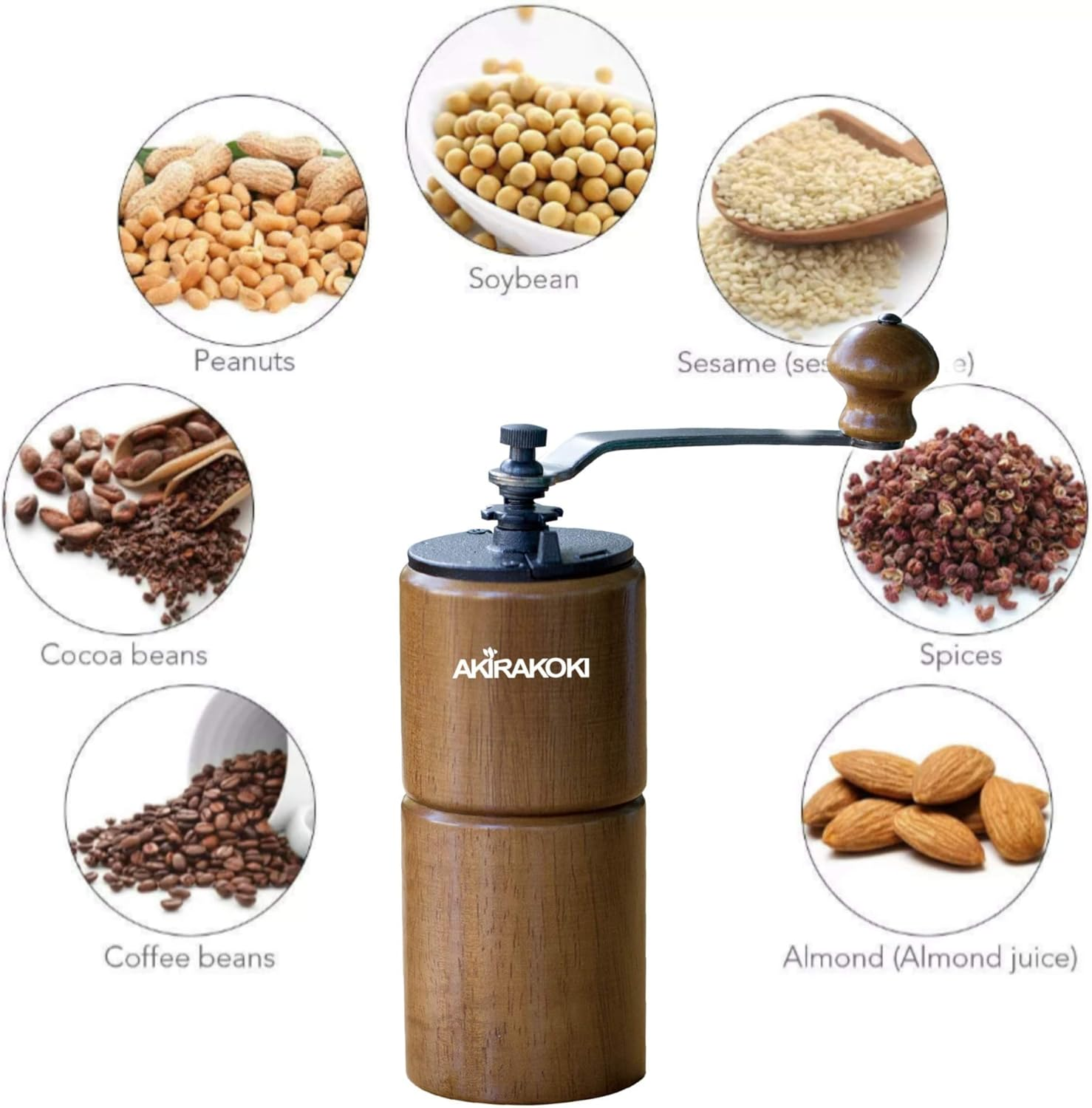 (Brown Wood) - Akirakoki Manual Coffee Bean Grinder Wooden Mill with Cast Iron Burr, Large Capacity Hand Crank, Portable Travel Camping Adjustable (Brown Wood) image number 3