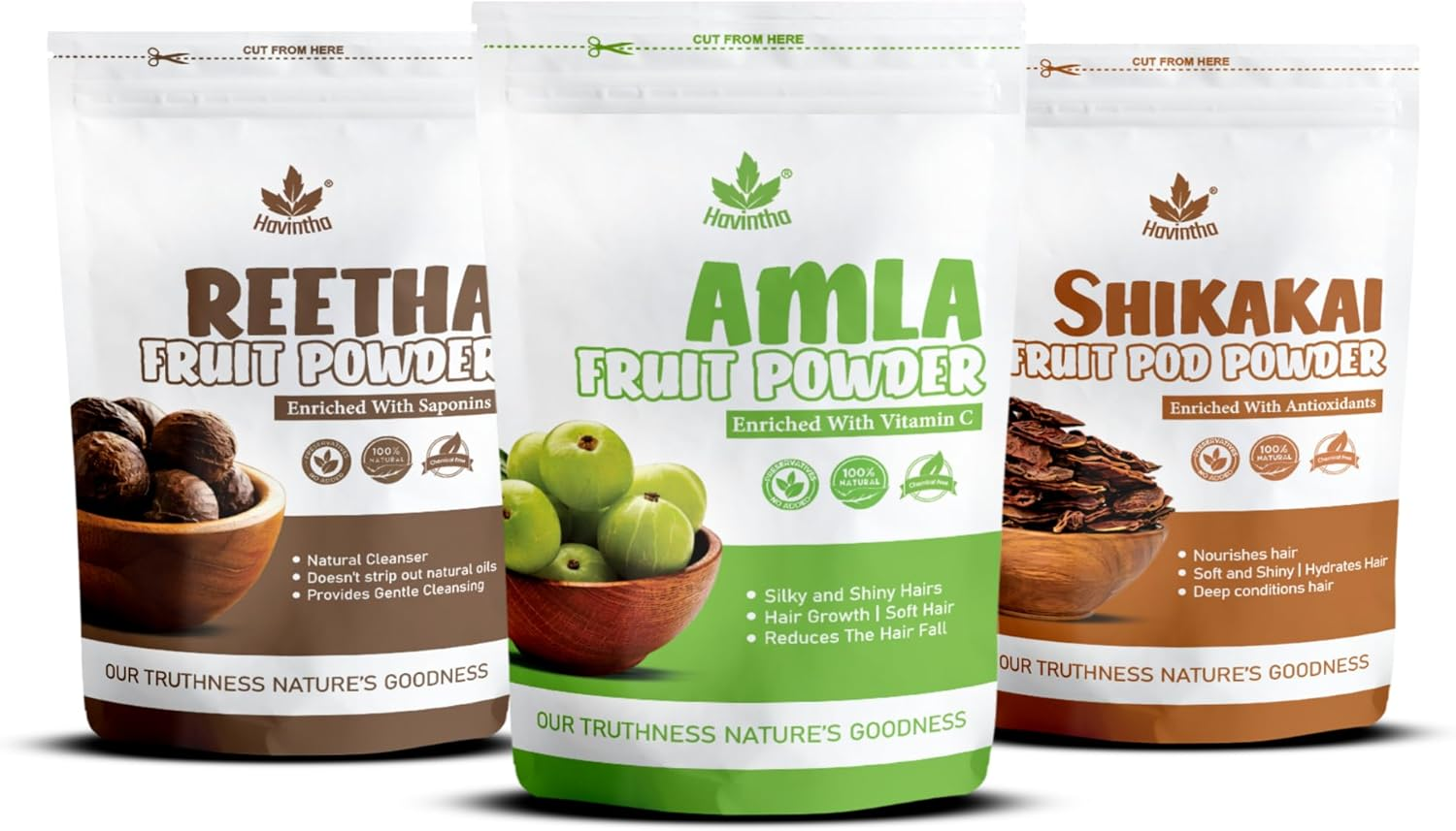 Havintha Natural Amla Reetha Shikakai Powder for Healthy Hair | Herbal Hair Care Combo | Hair Cleanser & Conditioner | Controls Hair Fall, Dandruff | All Hair Types &ndash; Each 100Gm (Combo Pack of 3)