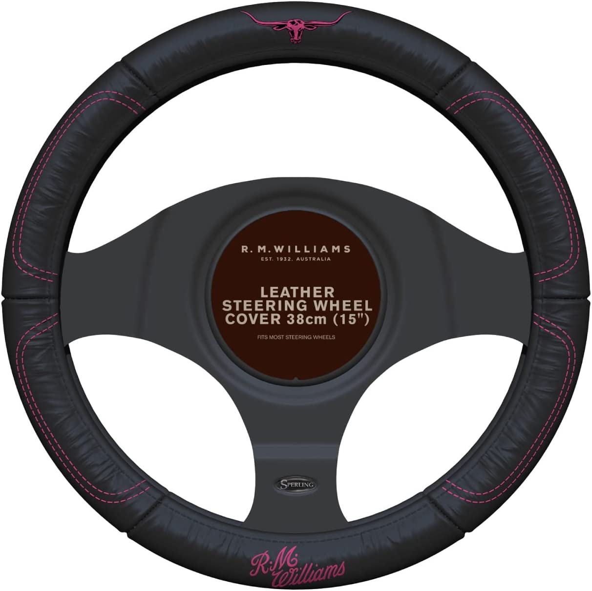 Sperling RM Williams RMW 15'' Car Leather Steering Wheel Cover Pink 38Cm