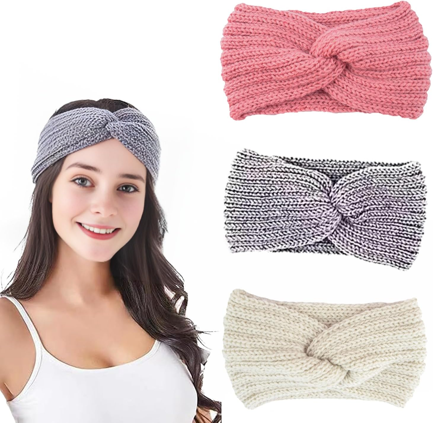 Pack of 3 Children'S Girls' Headbands, Chunky Knit Headbands, Braided Winter Headbands for Women and Girls, Ear Warmers, Crochet Head Wraps, Warm and Stylish image number 3