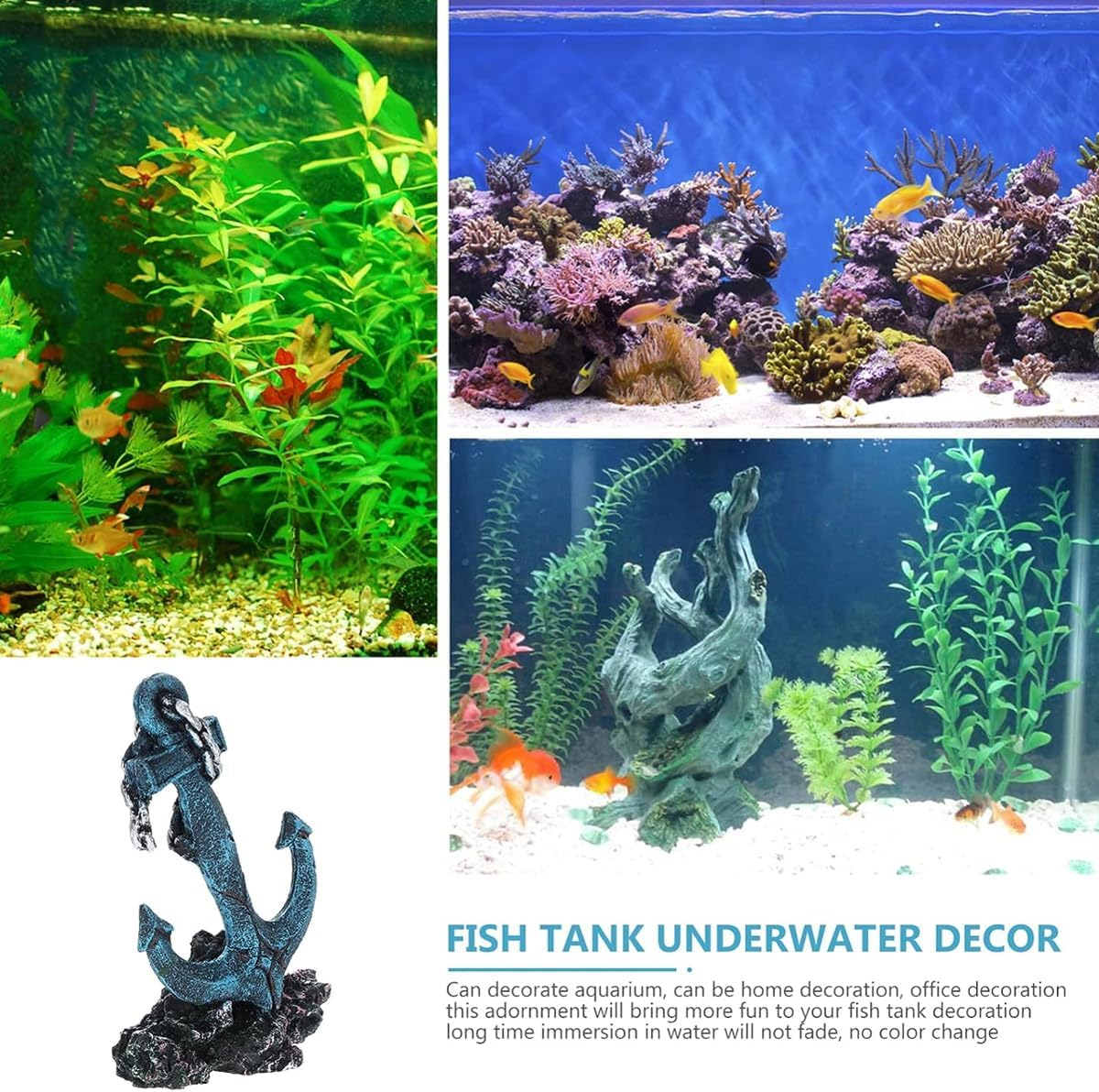 AIMALL Resin Aquarium Anchor Decoration 5.9In Fish Tank Shipwreck Ornament with Chain Detail for Underwater Marine Landscape Decor, 4.13In Base Width image number 2