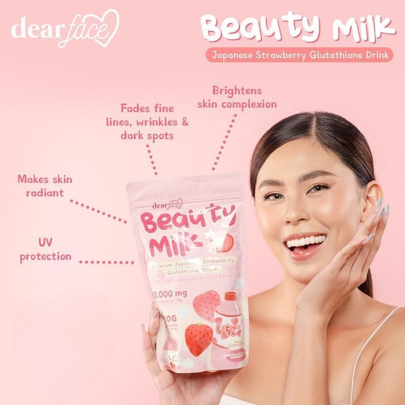 DEAR FACE Beauty Milk Japanese Collagen Strawberry Drink - 50,000Mg Hydrolyzed Collagen, 10 X 18G Sachets (Pack of 1) image number 3