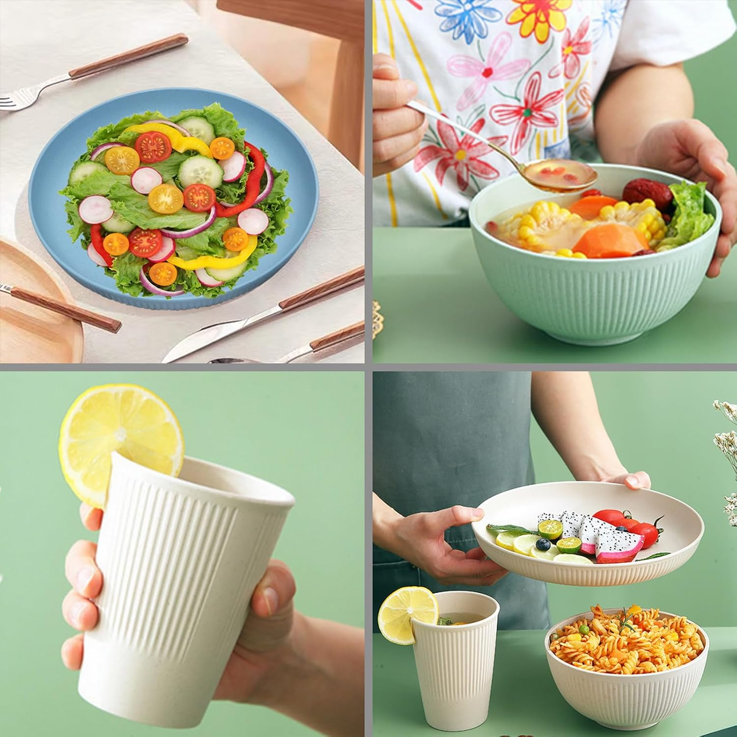 18Pcs Wheat Straw Dinnerware Serving Set for 6, Colorful Lightweight Plates Bowls Cups Sets, Unbreakable Reusable Plates, Microwave Dishwasher Safe, Perfect for Camping, Picnic, Outdoor Barbecue image number 6