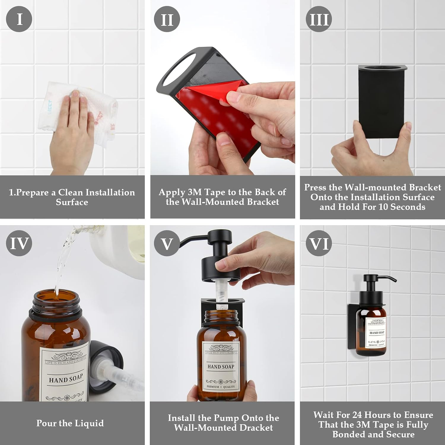 Glass Soap Dispenser with Pump and Wall Mount Holder,8.5 Oz Shampoo and Conditioner Dispenser with Waterproof Labels(Brown) image number 6