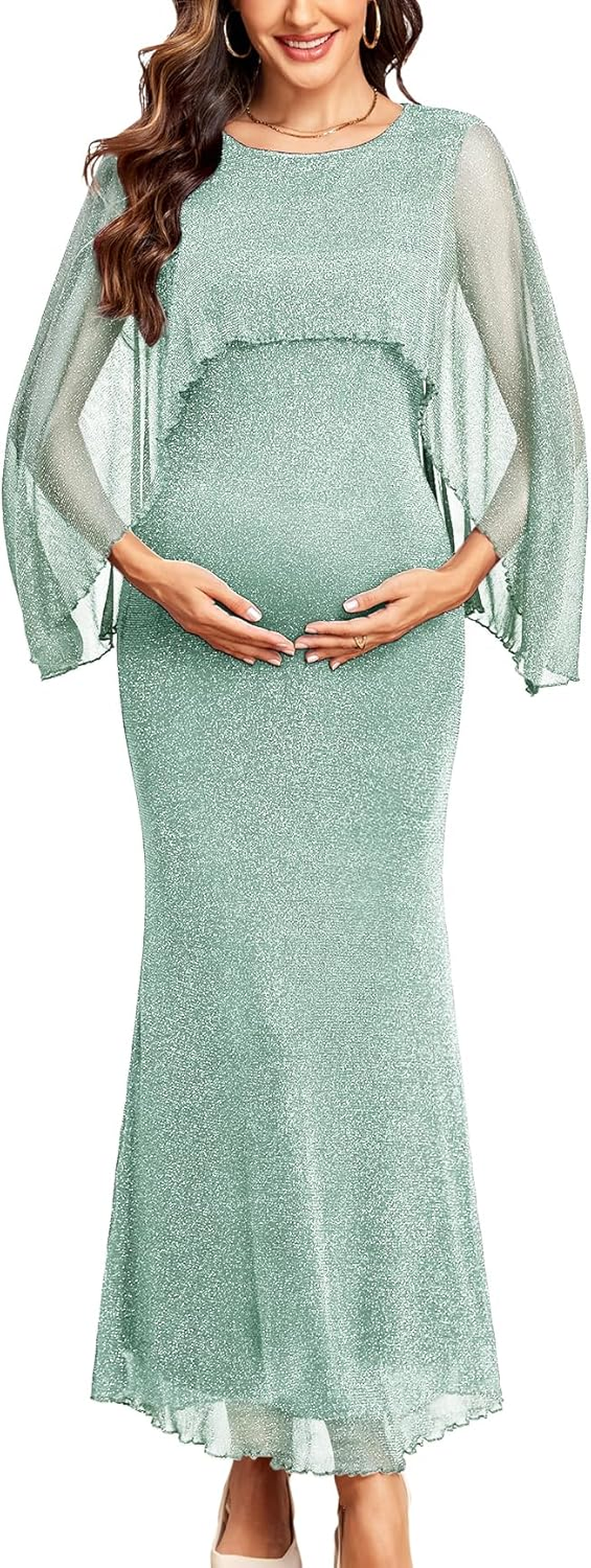 Maternity Sparkly Cape Mesh Dress Maxi Mermaid Bodycon Pregnancy Dresses Wedding Guest Baby Shower Formal Dress