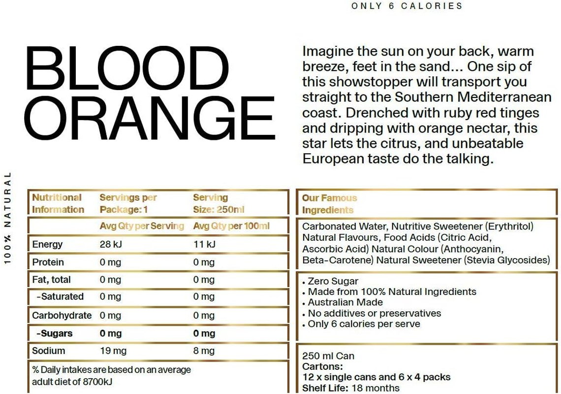 Famous Soda Co Blood Orange 100% Natural 6 Calories Australian Made 24 Cans 250Mls image number 1