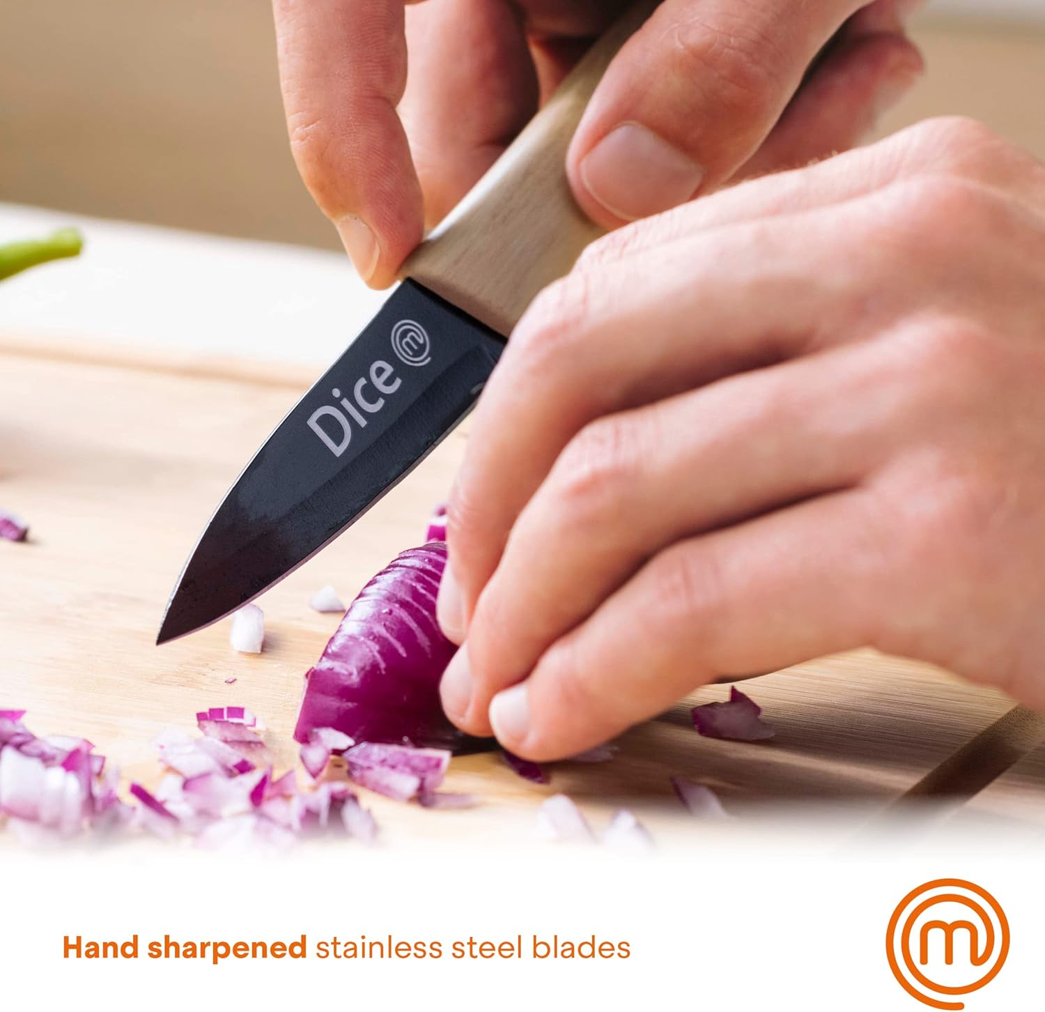 Masterchef Knife Set of 3 Kitchen Knives for Cooking (Chef, Paring & Utility), Professional Sharp Stainless Steel, Non Stick Blades & Soft Touch Handles, Easy Grip, Natural Collection, 3 Piece