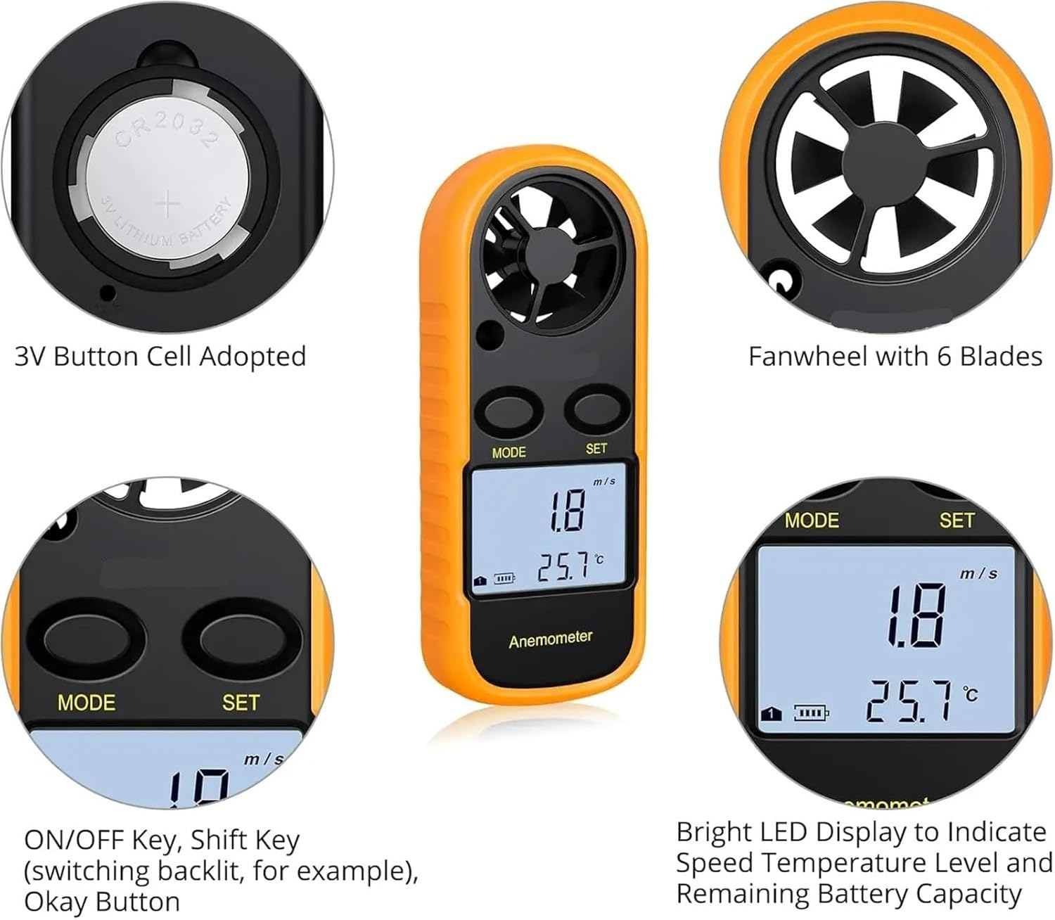 Anemometer, 3-In-1 Digital Wind Speed Meter, Backlight LCD, for Drones, Windsuing, Kite Flying image number 2