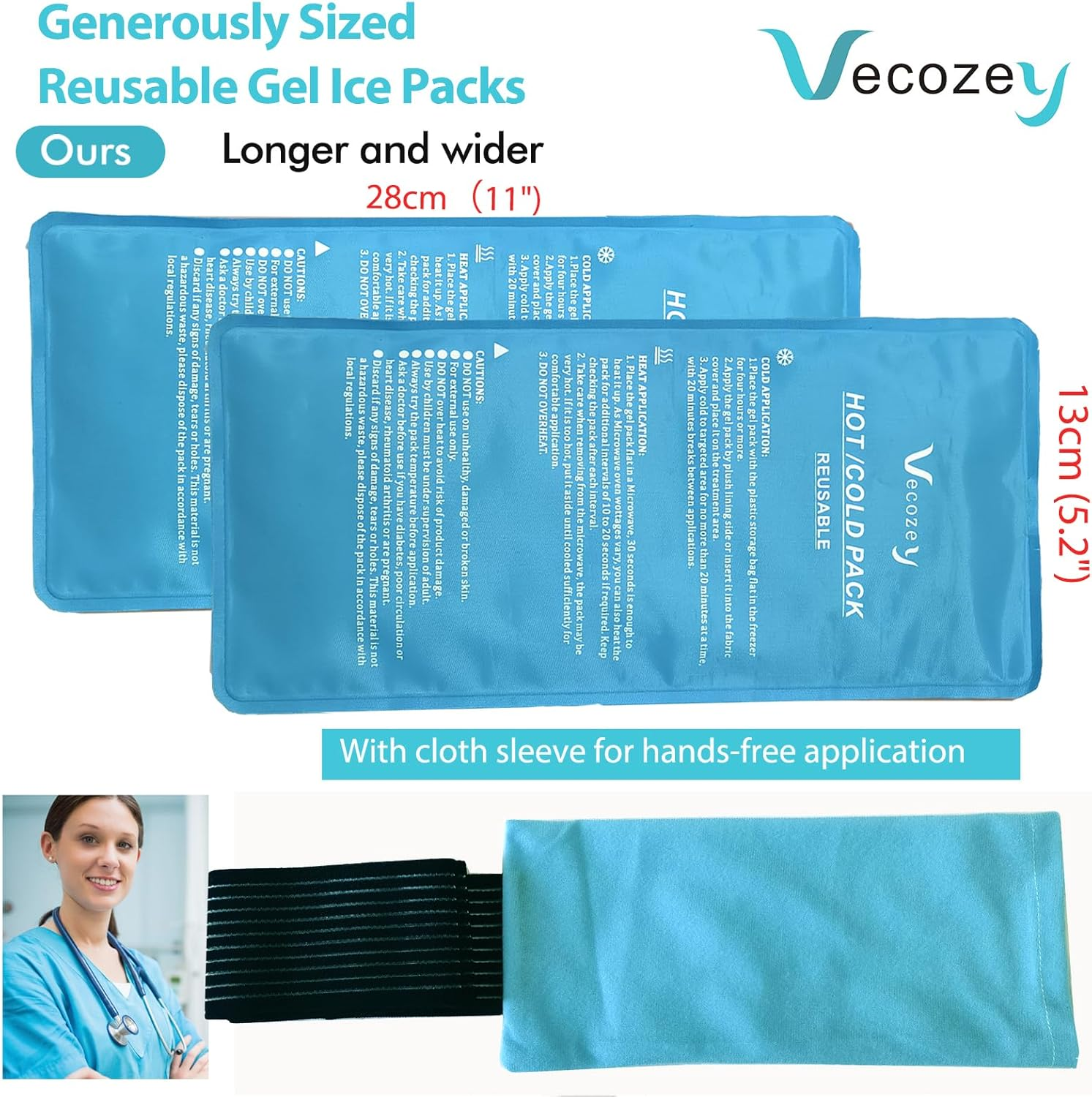 Vecozey Reusable Gel Ice Packs for Injuries 2 Packs 28 X 13 Cm Hot and Cold Compress with 1 Adjustable Wrap for Knee, Back, Joint and Muscle Pain Relief, Sports Injury Recovery Cold Heat Pack Blue image number 1