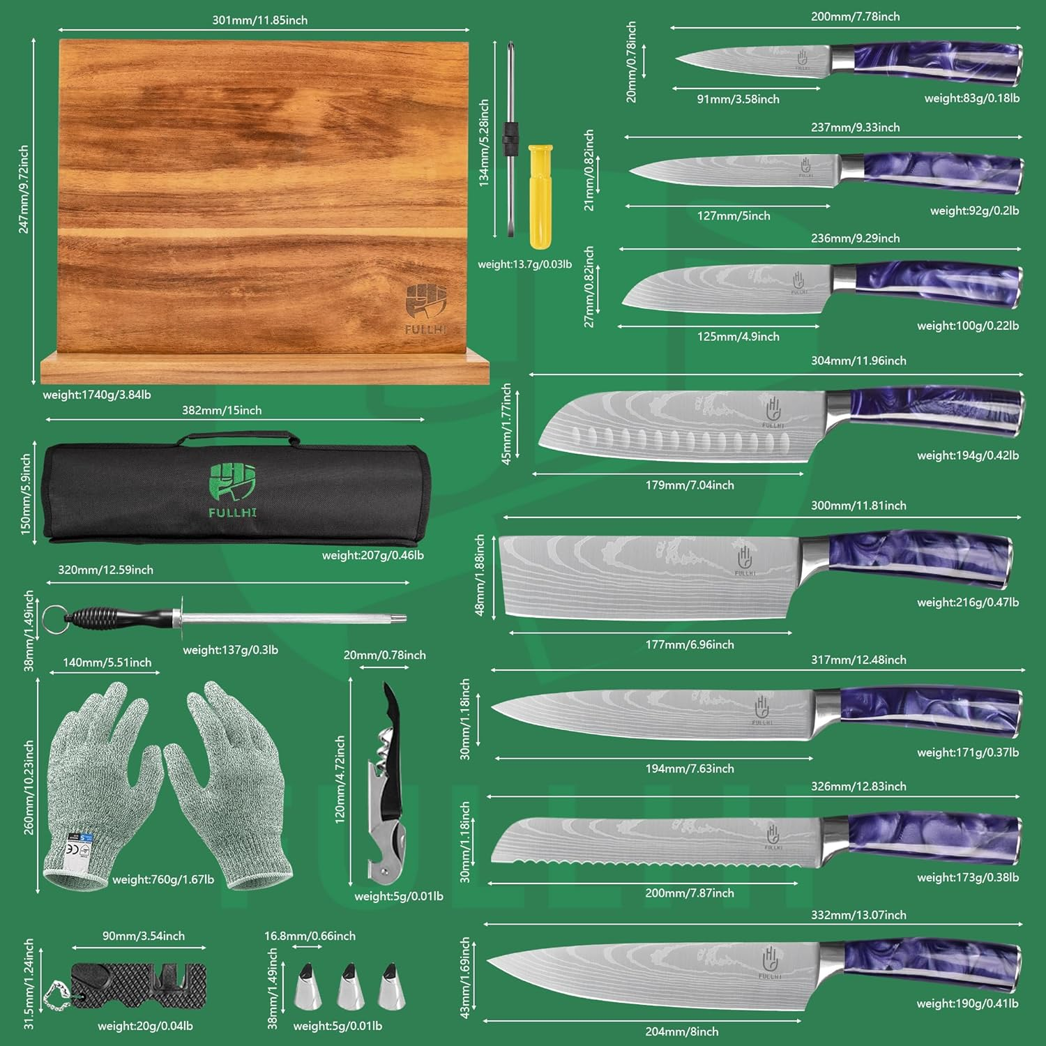 FULLHI 15Pcs Japanese Knife Set with Magnetic Knife Block Holder, Japan Stainless Steel Blades, Purple Resin Ergonomic Handles for Professional and Home Cooking&hellip; image number 4