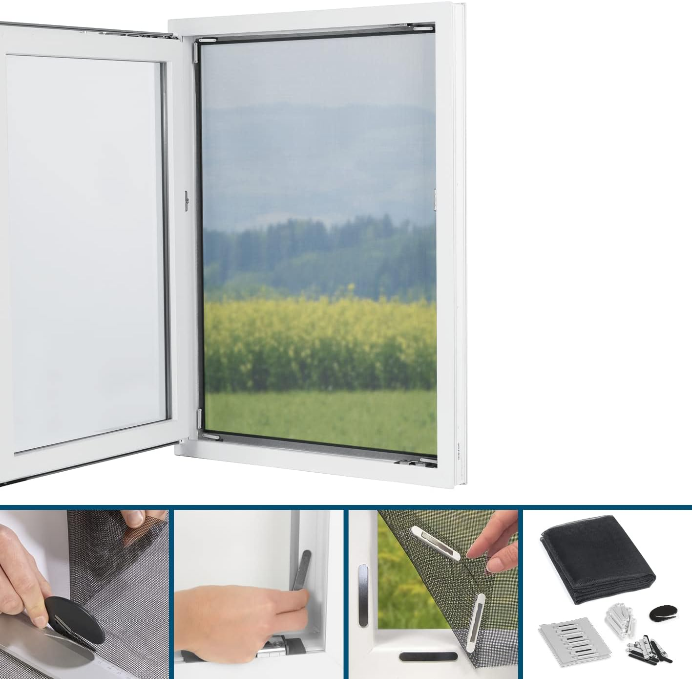 Hoberg Window Fly Screen with Innovative Magnetic Fastening | Fly Net Can Be Individually Cut to Size up to 150 X 130 Cm, No Drilling or Screwing | Attach Mosquito Net with 16 Magnets [Black] image number 4