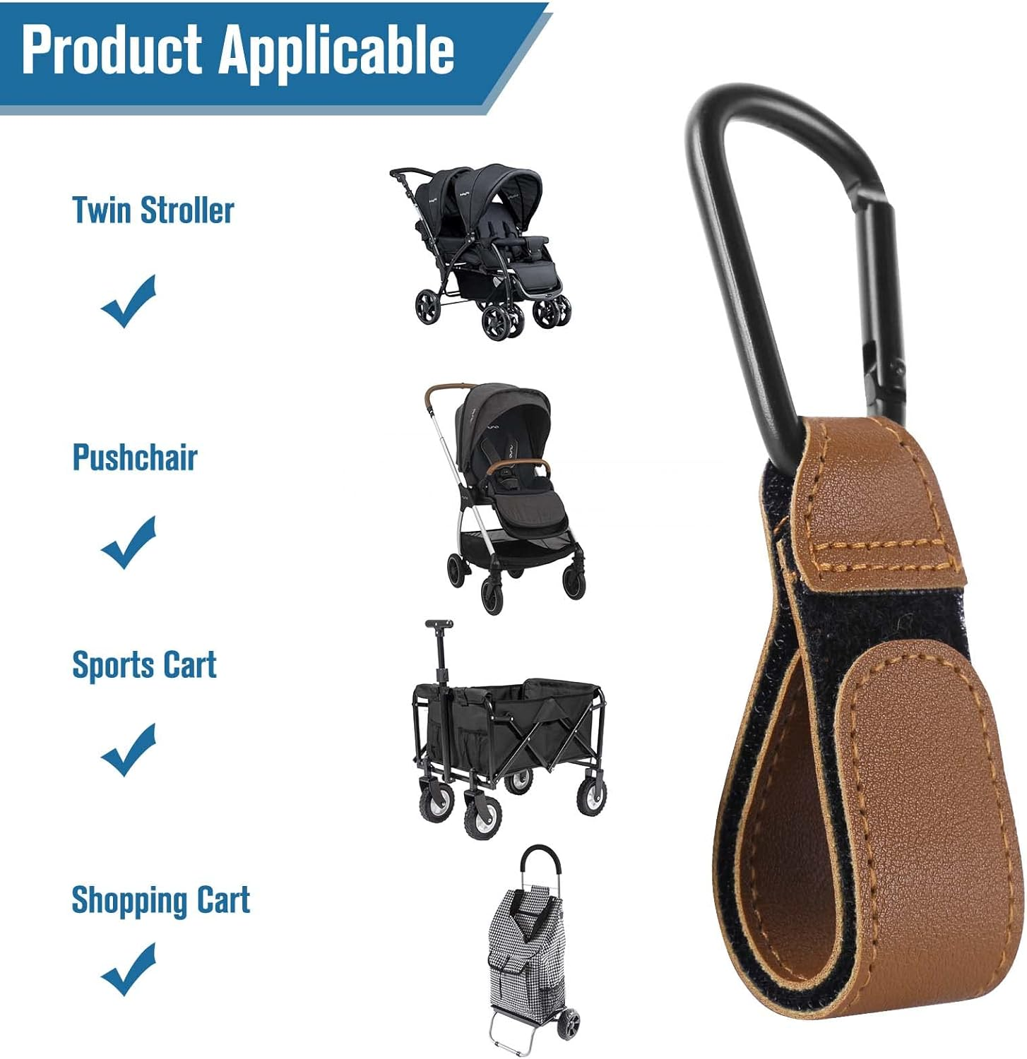 Pram Hook Clips, Pack of 2 Buggy Clips Carrier Pram Hooks, Pram Bag Holder Made of Leather, Bag Hooks for Strollers, Pram Clips, Pram Hooks for Bags, Backpack (Brown) - Brown image number 6