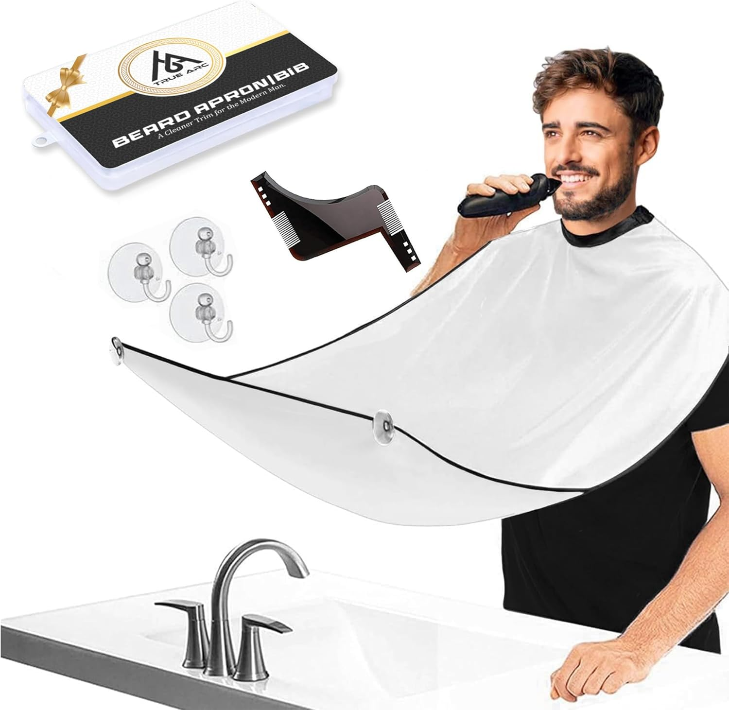 True Arc Beard Bib Apron, Hair Catcher for Men Shaving & Trimming Non-Stick Waterproof Beard Cape Grooming Cloth with 3 Suction Cups, Shaping Tool & a Gift Box image number 4