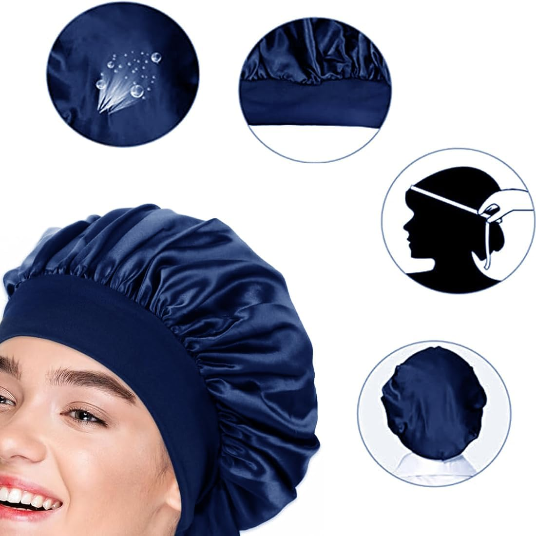 VIVIIHOO Silk Bonnet for Men - Black Satin Silk Bonnet with Adjustable Elastic Band - Soft, Comfortable and Ideal for Sleeping - Large Bonnet for Men and Women (Navy Blue) image number 6
