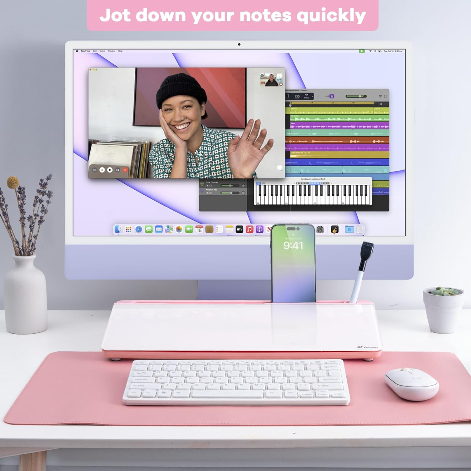 Varhomax Glass Desk Whiteboard with Storage, Desktop Organizer To-Do List Memo Notepad Dry Erase White Board for Home Office and School Supplies (Pink) - B-White image number 4