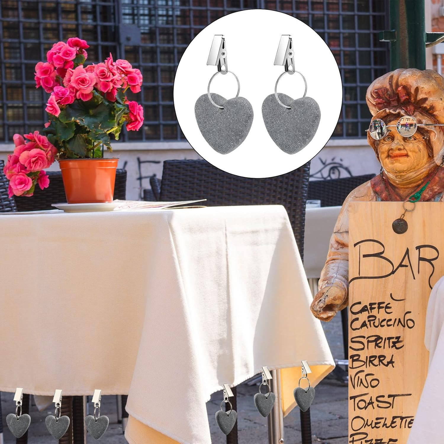 48 Pieces Tablecloth Weights Hangers Heart Stone Table Cloth Weights Tablecloth Clips for Outdoor Tables Heavy Curtain Weights Table Cover Clips with Stainless Steel Clips for Picnic (Light Gray) - Dark Gray image number 3