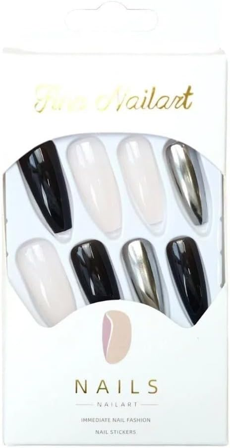 Ztcily Long Black and White Self Adhesive French Coffin False Nails for Women Accessory or Gift Idea for Christmas New Year Valentine'S Day Wedding image number 2