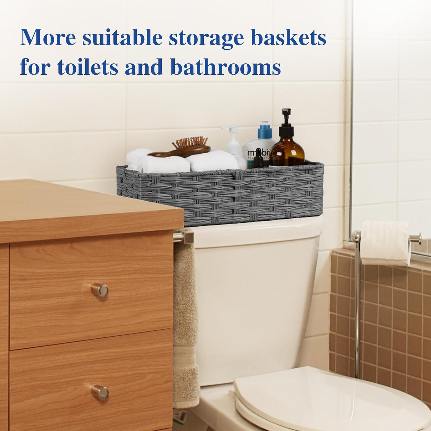 Wicker Basket for Toilet Paper Storage, 2-Piece Bathroom Organizer Set for Shelves, Pantry & Home Decor, Space-Saving Rectangular,15.5&times;6.3&times;4.3 Inch (Gray) - Gray image number 4