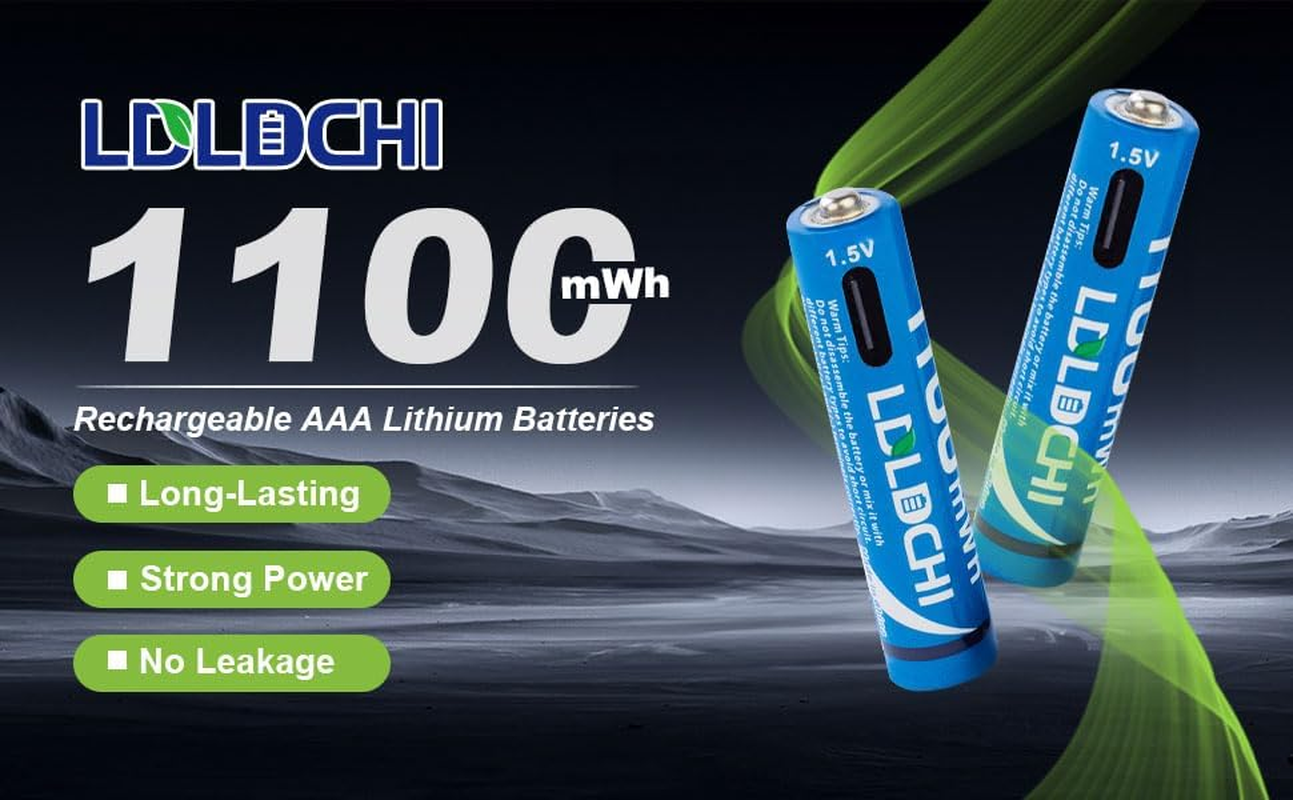 AAA Rechargeable Batteries 1.5V &ndash; 4 Pack Lithium, 1100Mwh High Capacity, 1000+ Cycles, with 4-In-1 USB Charging Cable image number 2