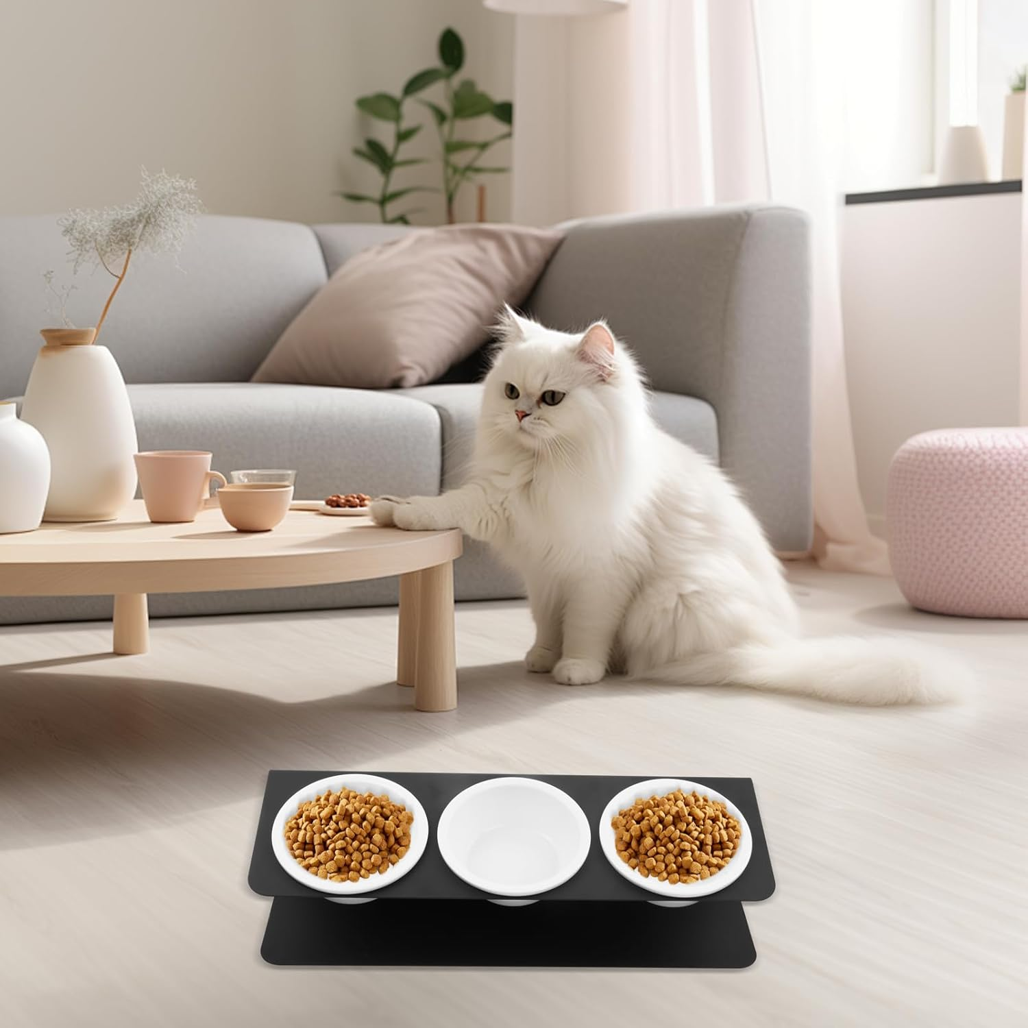 Raised Cat Bowl, Set of 3, 300 Ml, 15&deg; Tilted Ceramic Feeding Bowl, 43 X 14.5 X 11 Cm, Cat Feeding Station, Cat Bowl Set, Cat Feeding Bowl, Raised Feeding Bowls for Small Dogs Cats image number 1