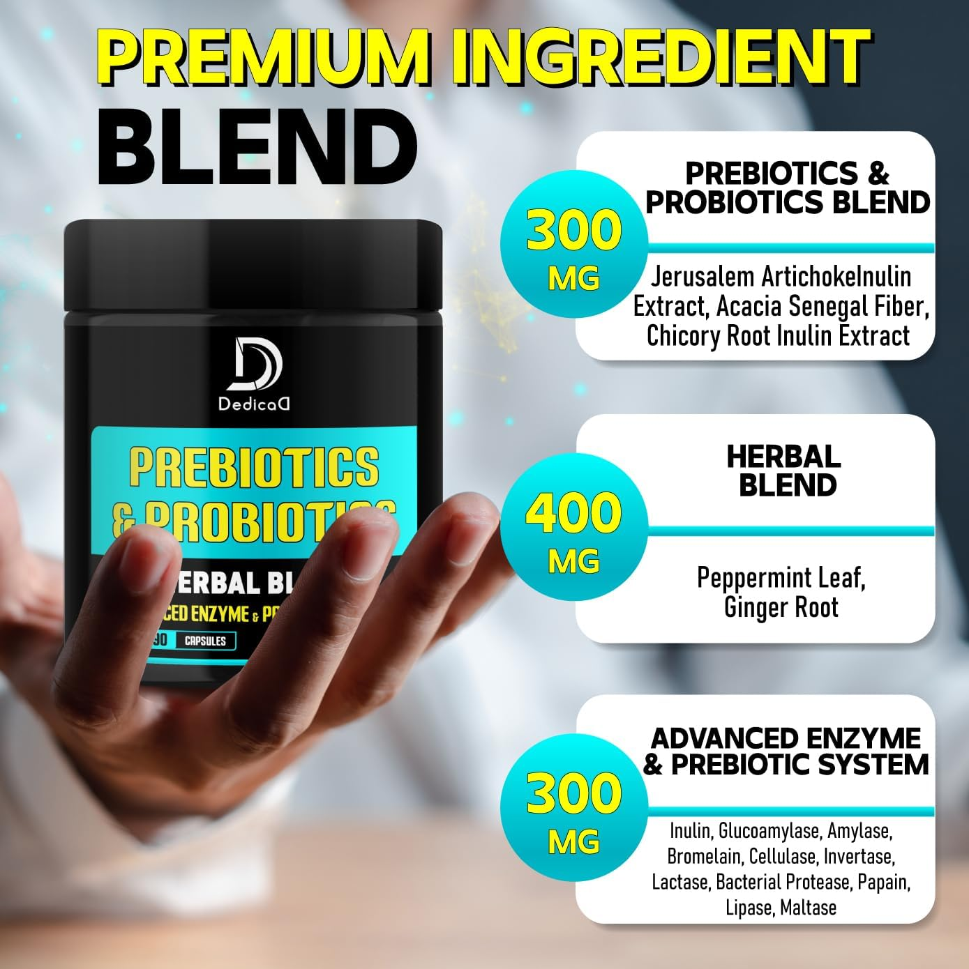 Probiotics and Prebiotics Complex. Added with Inulin, Peppermint Leaf, Ginger Root, Glucoamylase, Amylase, Bromelain - 90 Capsules | Advanced Probiotic for Women & Men by Dedicad image number 5