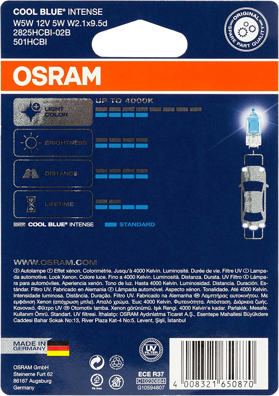 Osram W5W 12V 5W Cool Blue Intense Headlight Halogen Bulb (Pack of 2) image number 1