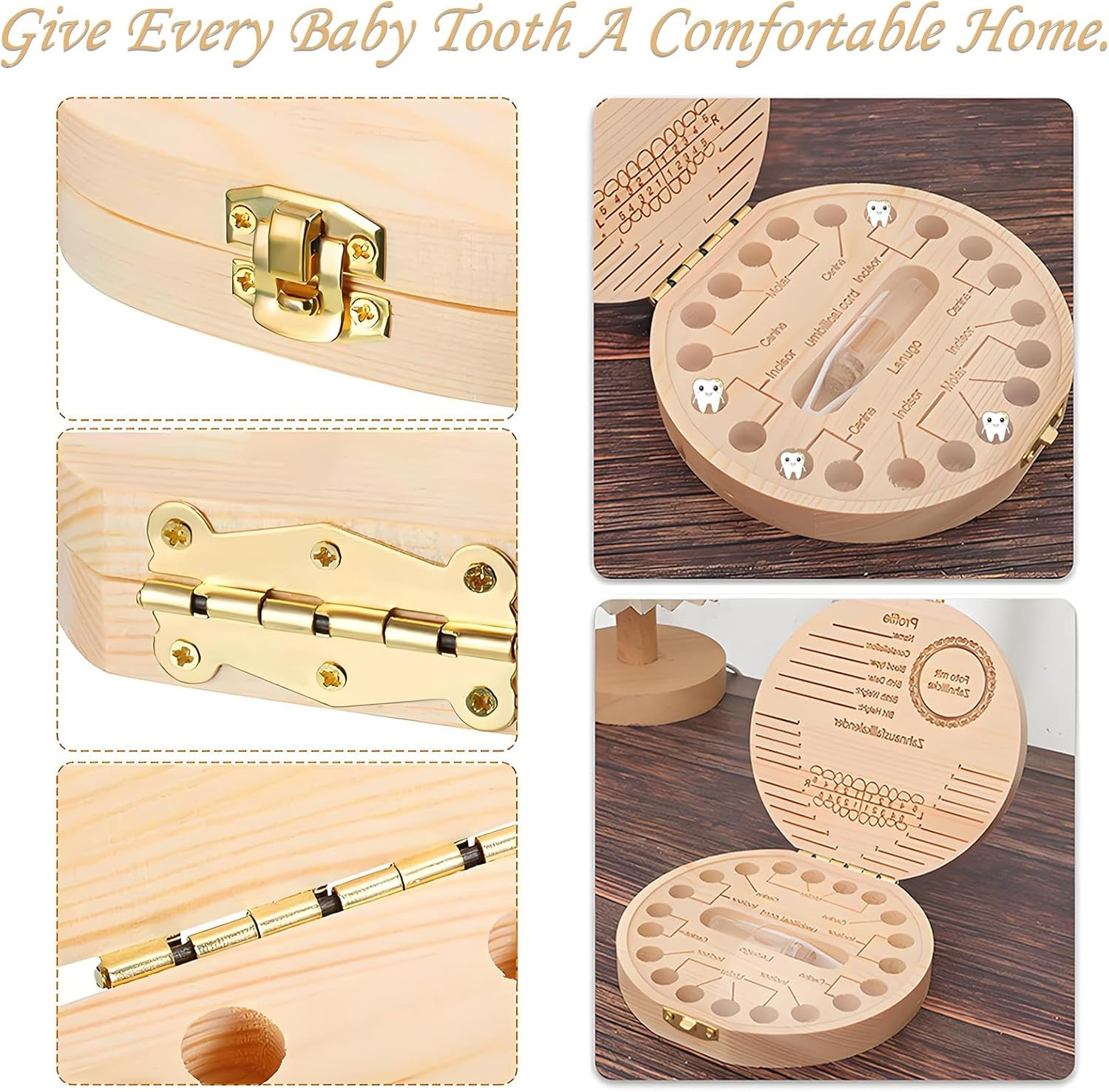 ZHIGOU Tooth Fairy Tooth Holder Umbilical Cord Keepsake Box,Cute Baby Teeth Keepsake Box with Tweezer and Fetal Hair Container,Girls Wooden Tooth Fairy Box Baby Teeth Box image number 5