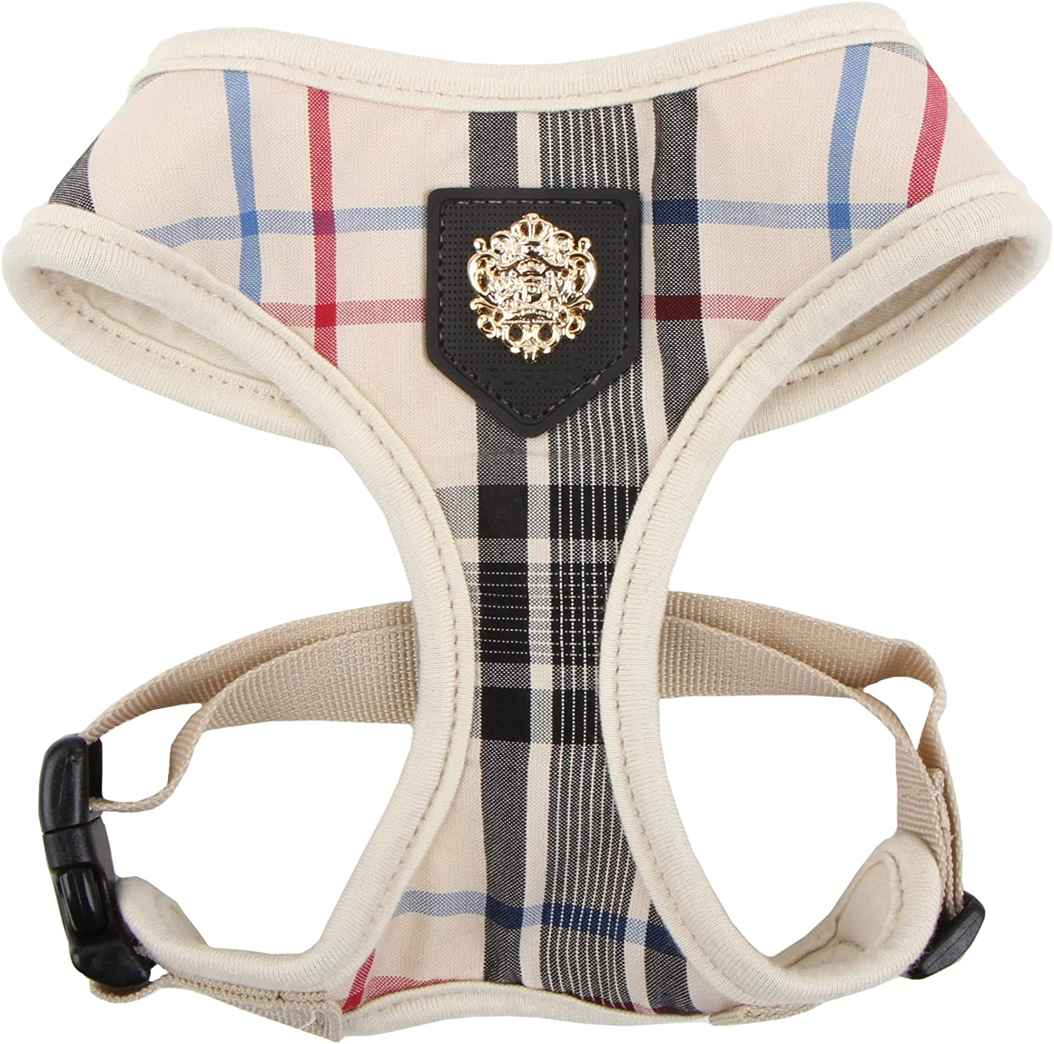 Puppia Junior Over-The-Head Dog Harness Checkered Pattern No Choke No Pull Adjustable Chest Belt Walking Training for Small and Medium Dog, Medium, Beige