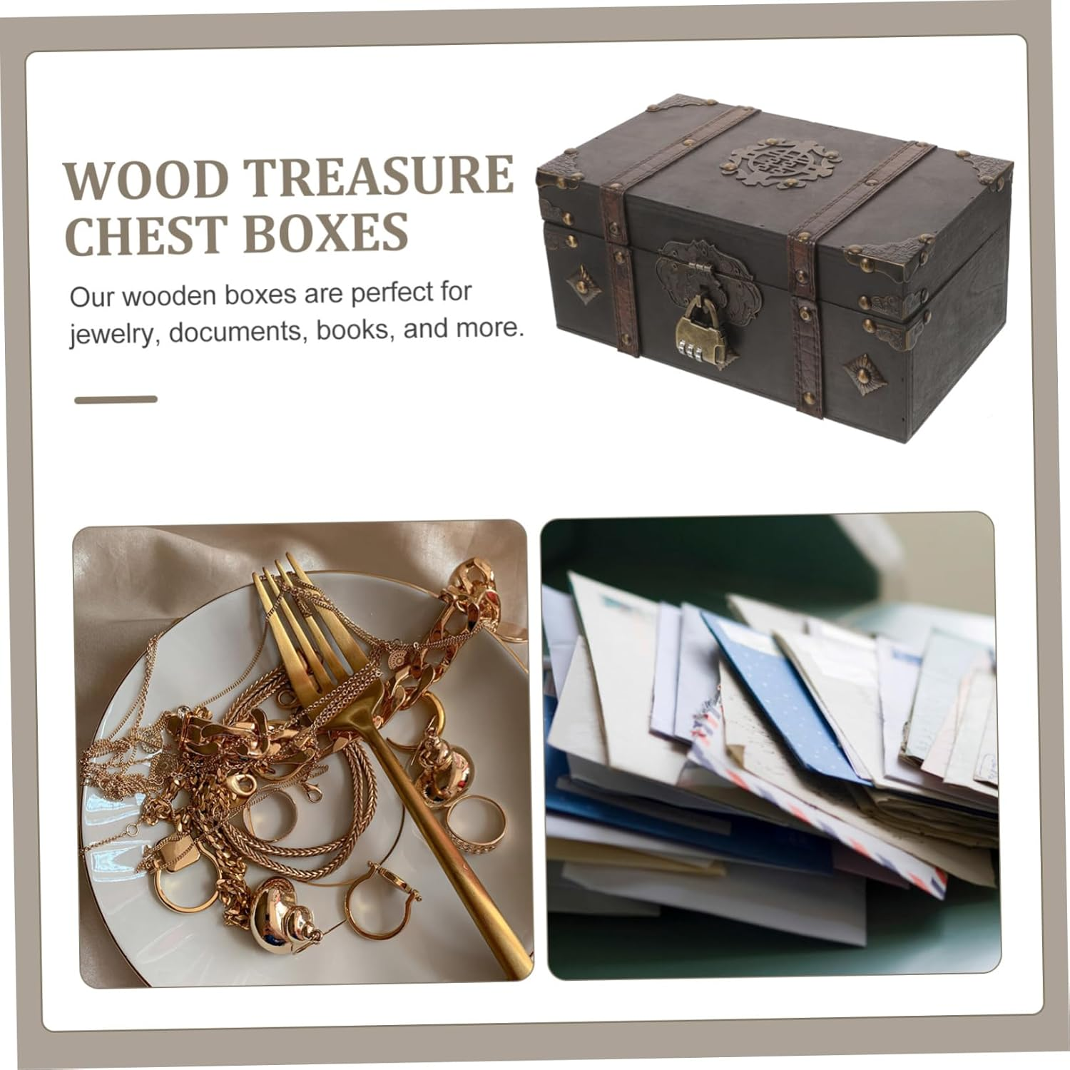 Vintage Wooden Keepsake Box Lid Small Treasure Chest for Jewelry Storage Retro Grey Wood Box 3-Digit Lock for Home D&eacute;cor and Gift Giving image number 5