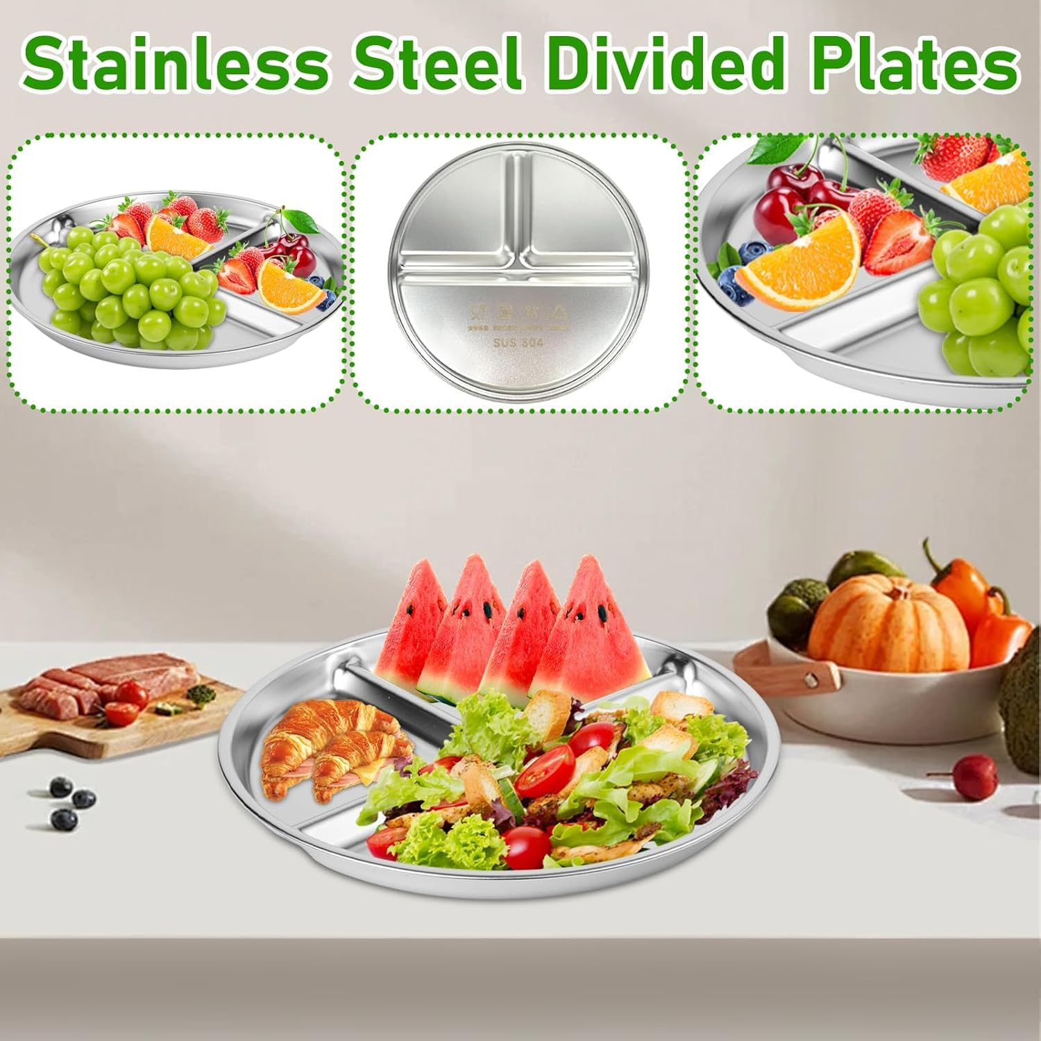 Tehalk Set of 4 Stainless Steel Kids Plates, Portion Control Platter with 3-Compartment, Unbreakable Dinner Plates, Divided Food Tray Stainless Steel Plate for Adults Kids, Camping, Lunch and Dinner image number 1