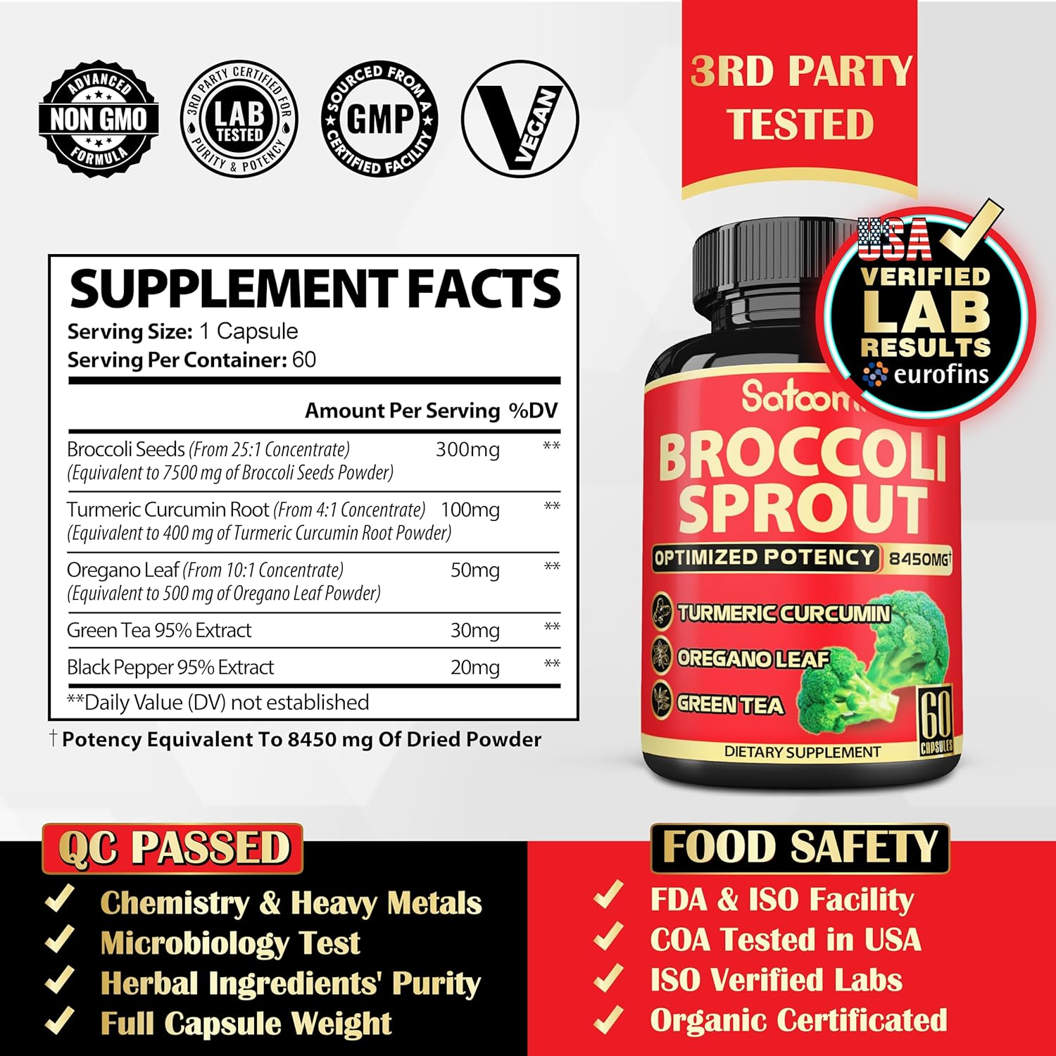 SATOOMI 1Pack 60 Caps for 2 Month Supply - Broccoli Sprouts Extract Complex with Turmeric, Oregano, Green Tea, and Black Pepper - 5 Herbs image number 1