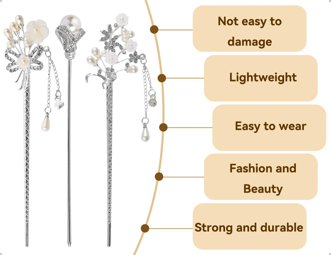 Emezddo Pack of 3 Pearl Hair Sticks, Chinese Hairpin, Vintage Tassel Hairpin, Flower Hair Accessories, Used for Girls Women, for Retro Parties, Traditional Chinese Festivals image number 3