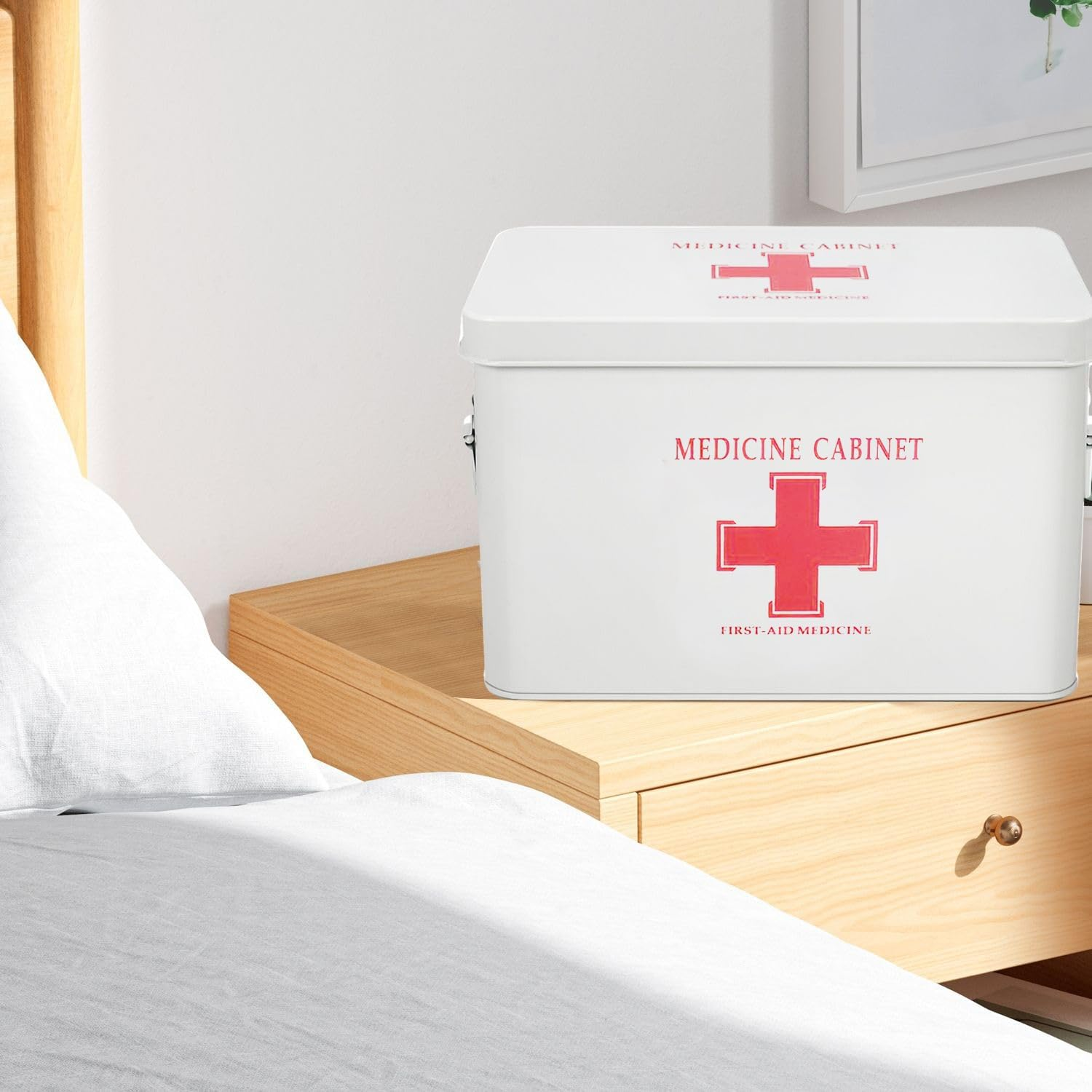 Flexzion First Aid Box Organizer Empty 13" White Vintage First Aid Kit Tin Metal Medical Box - First Aid Storage Box Container Bins with Dividers, Removable Tray and Red Cross Logo image number 5
