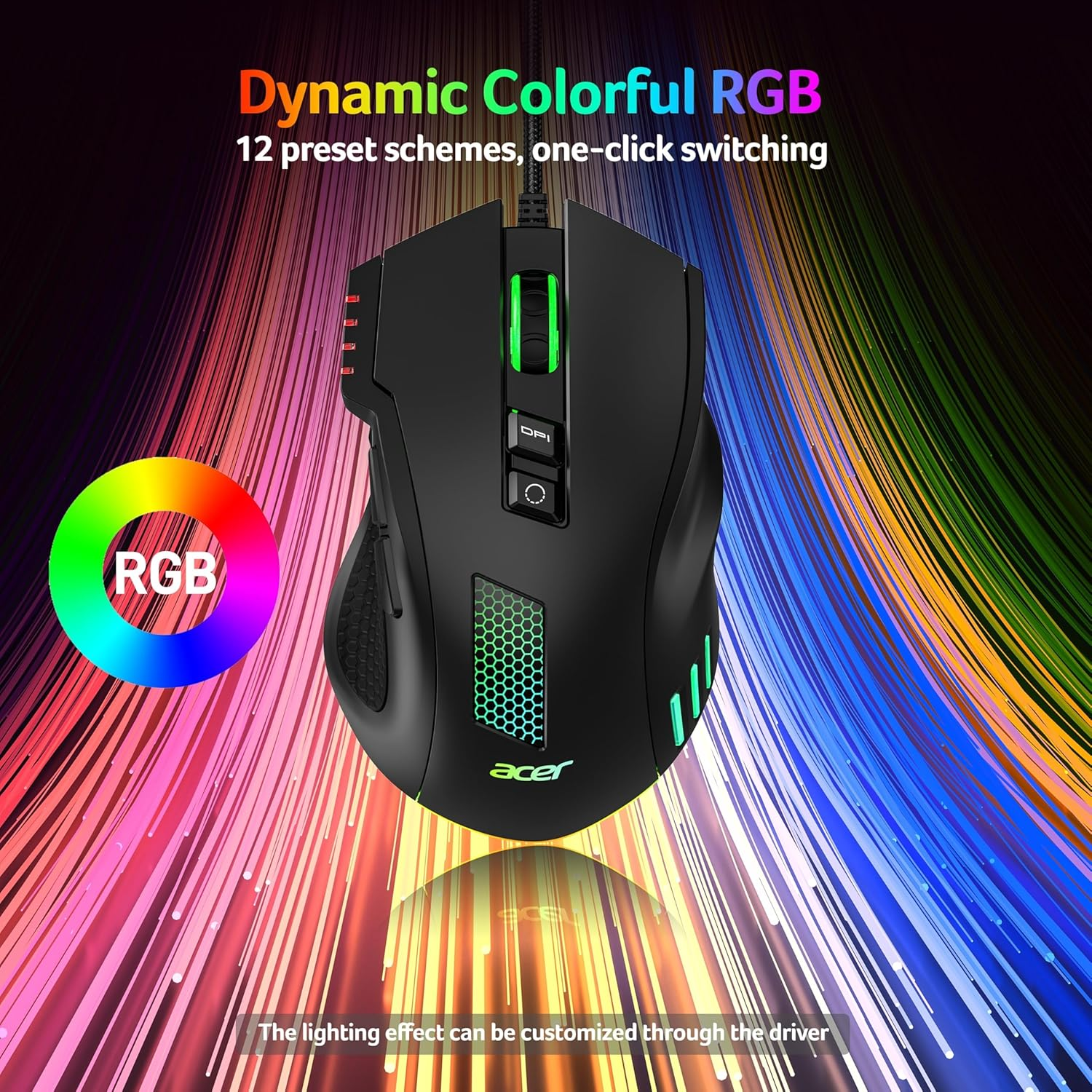 Acer Wired Gaming Mouse 12800 DPI, Computer Mouse Gaming with Cord [Driver-Supported] 8 Programmable Buttons, Rapid Fire, 1000Hz Polling Rate, 12 RGB Backlights, Optical Tracking Mice for PC Laptops
