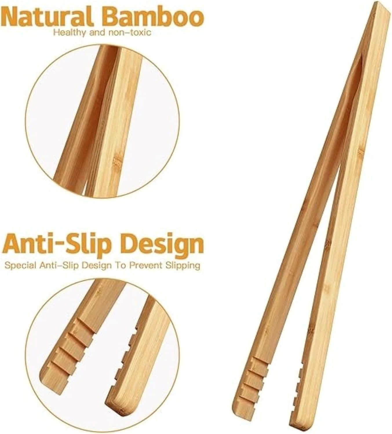 Kalione 2 Pieces Bamboo Kitchen Tongs, 10.2 Inches Toaster Tongs with Anti-Slip Design, for Toaster,Fruits, Kitchen Utensil, Salad, Pasta, Grilling, BBQ image number 2