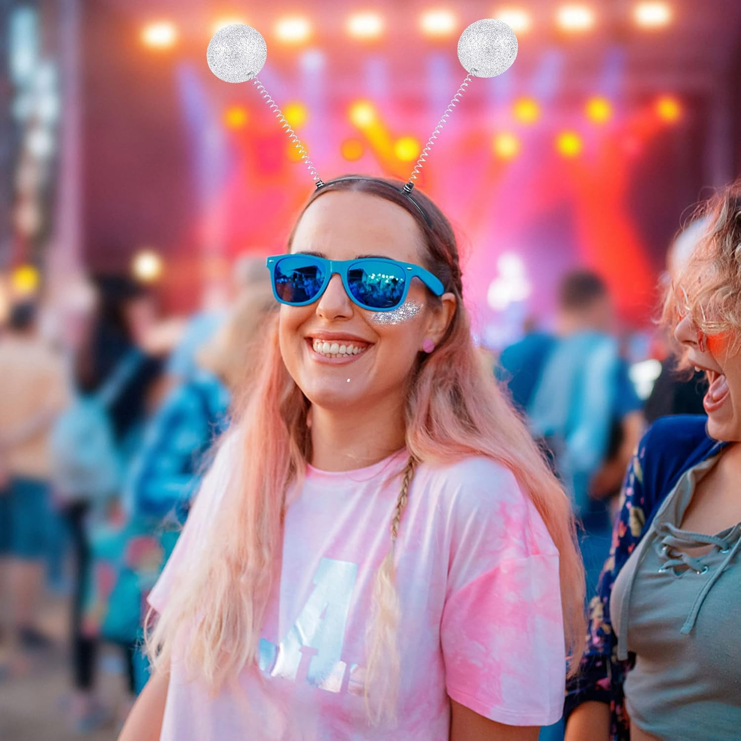 2PCS Silver Martian Antenna Headband Alien Headband Boppers Ball & 2PCS Silver Holographic Chunky Glitter Costume Accessory Party Favors for Themed Parties image number 3