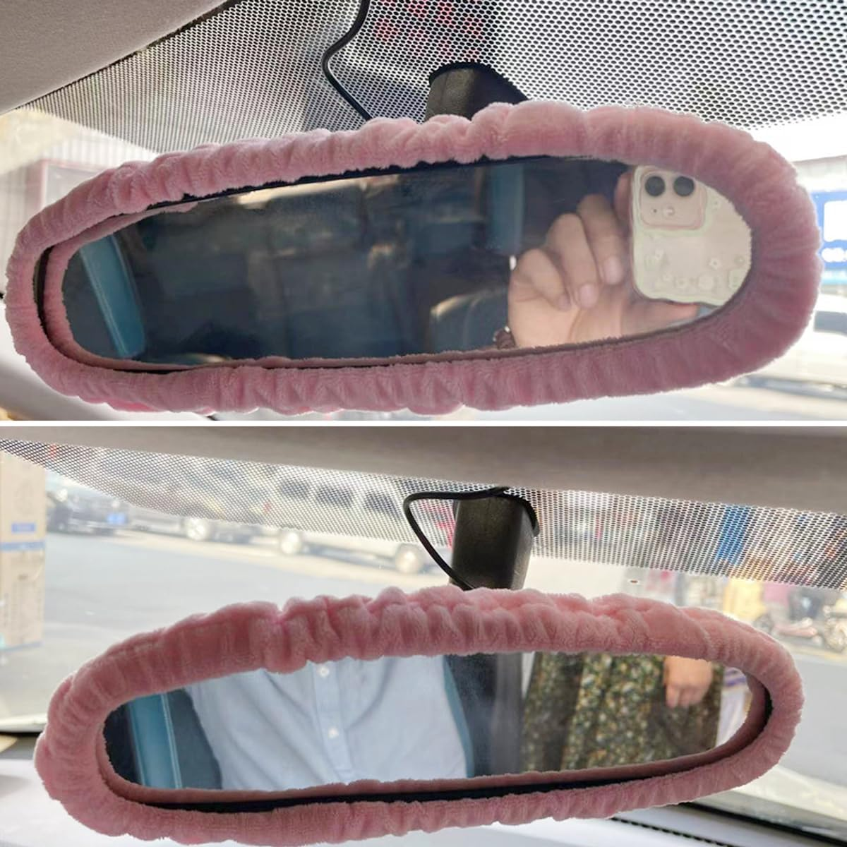 Car Rearview Mirror Cover, Auto Interior Elastic Comfortable Rear View Mirror Protector Decorative Accessories for Girls Women Man Gift, Universal for Vehicles, SUV, Truck, RV (Pink) - Black image number 6