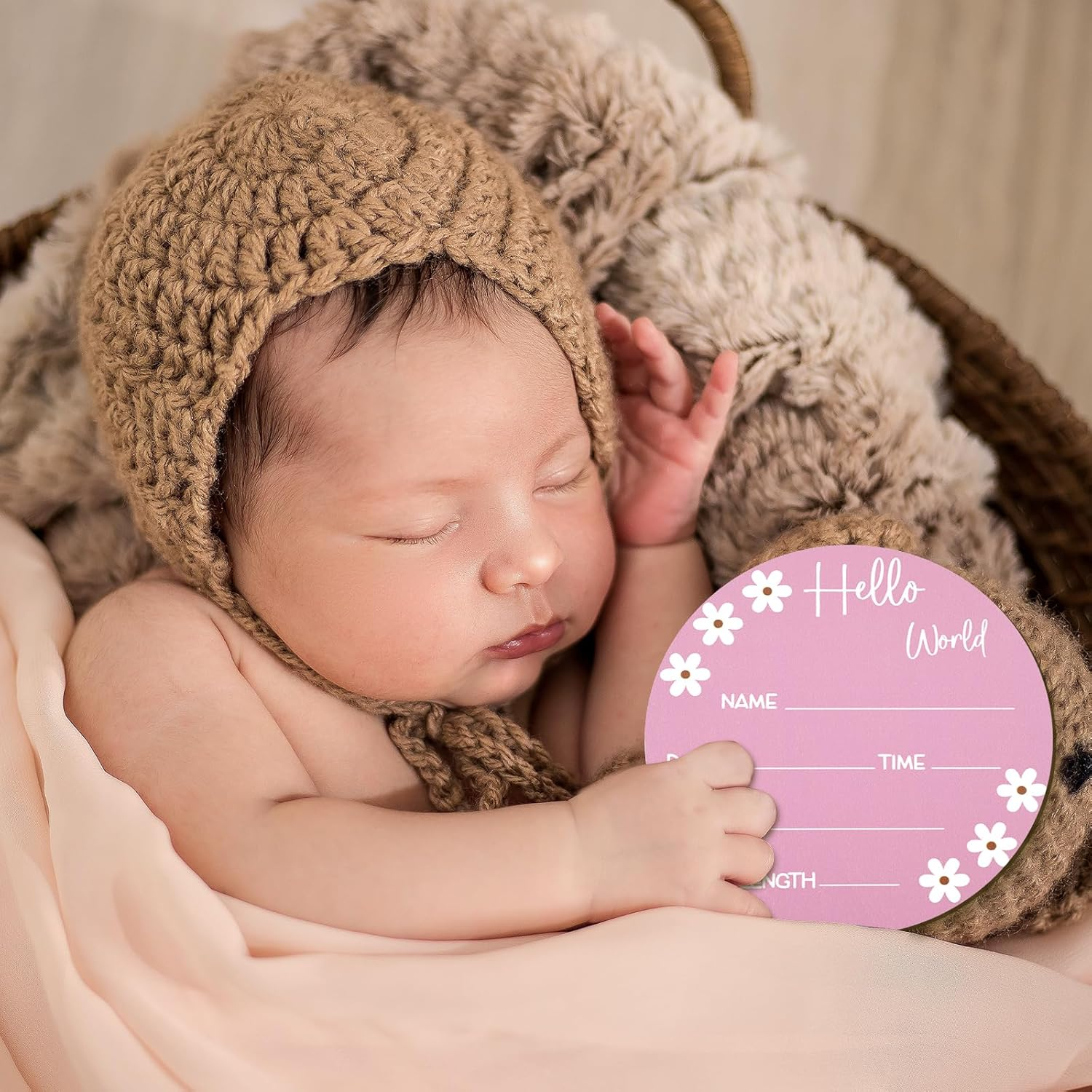 NQEUEPN Baby Name Sign, 5.9In Wooden Hello World Sign Daisy Wooden Baby Announcement Card Birth Baby Name Plaques for Newborn Boys Girls Photography Props Baby Shower Gifts Hospital Nursery(Rose Red) image number 4