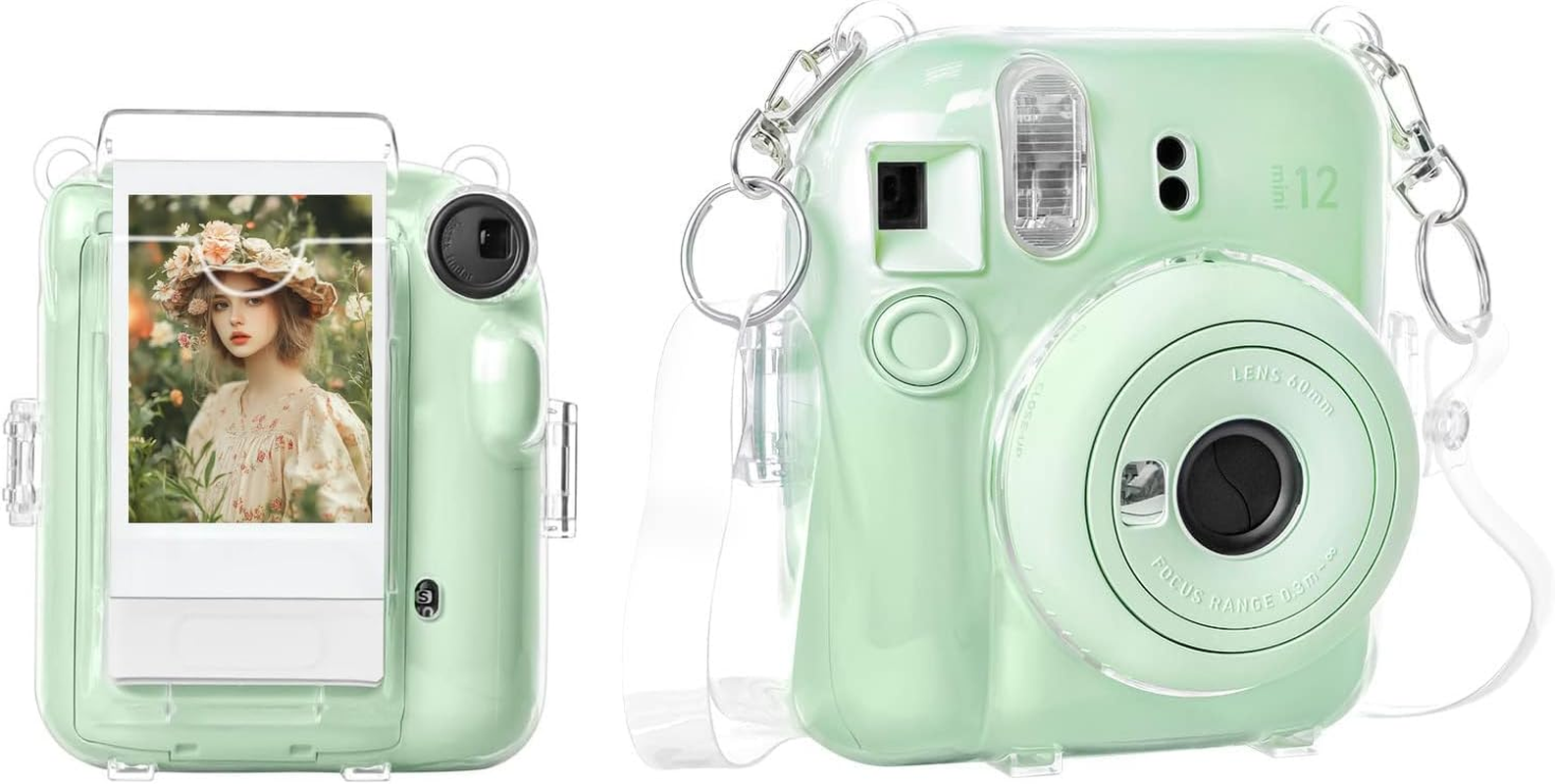 Rieibi Clear Case Compatible with Fuji Instax Mini 12, Hard Carrying Case Bag for Fujifilm Instax Mini 12 Instant Camera, PC Cover with Photo Storage Pocket & Shoulder Strap - Bundle Green image number 7