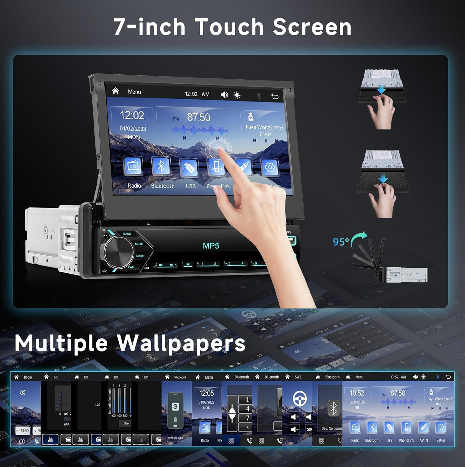 Single Din Flip Out Car Stereo with Wireless Carplay Android Auto, Hodozzy 7 Inch Car Radio Bluetooth with Touch Screen, FM Radio, EQ, SWC, Support U Disk/Usb/Type-C and Reversing Camera image number 1