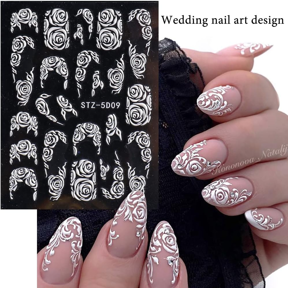 Flower Nail Art Stickers Decals, 8 Sheets 5D Engraved Flower Nail Decals White Wedding Nail Art Accessories French Tips Nail Designs Self Adhesive Lace Flower Carving Nail Stickers for Women Girls image number 5