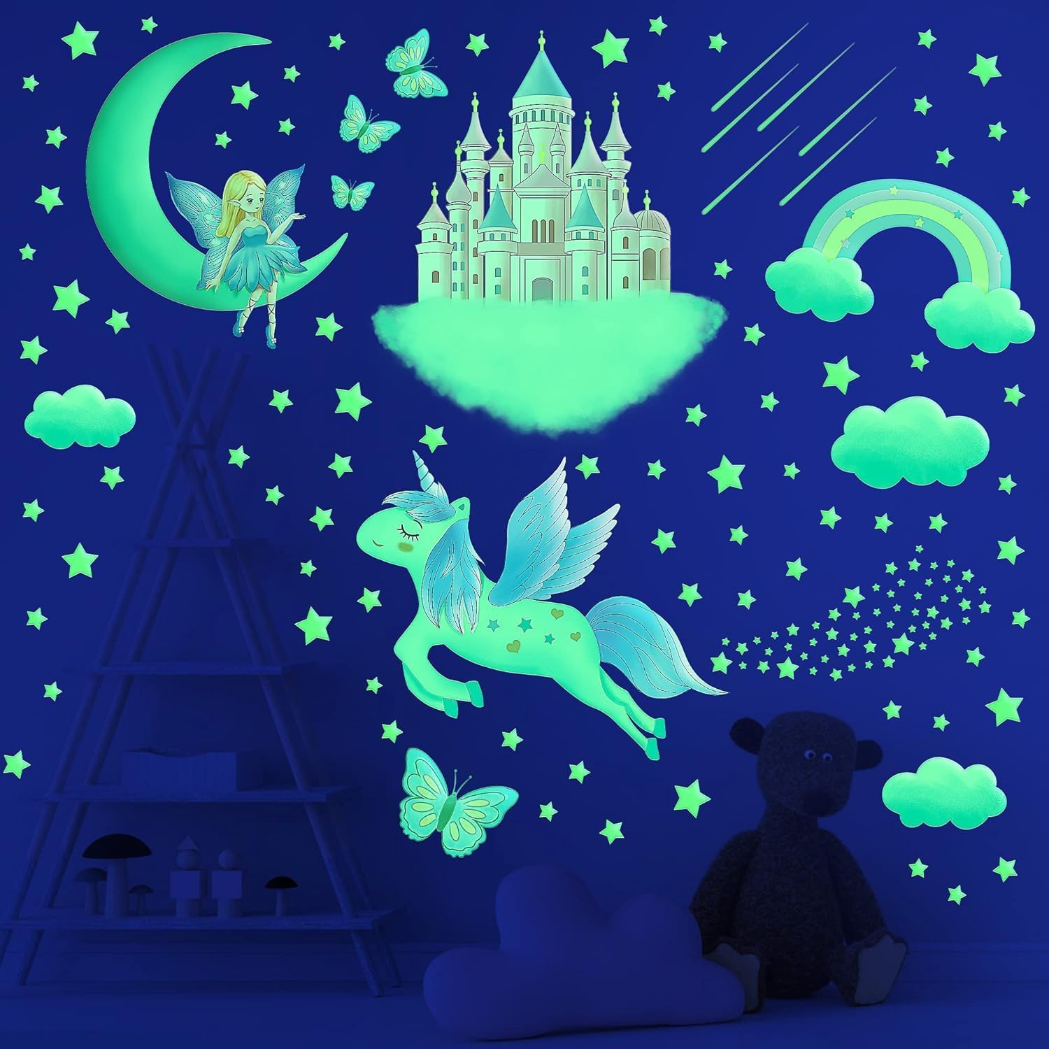Glow in the Dark Stars for Ceiling,Unicorn Wall Decals Stickers for Girls Bedroom Glow in the Dark Stickers Vinyl Unicorn Castle Room Wall Decor for Baby Kids Girls Nursery Playroom Mural image number 3