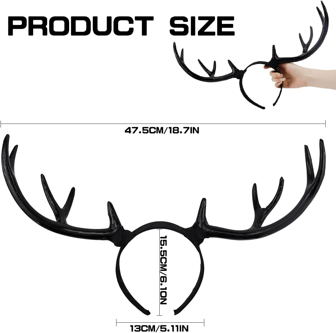 FERCAISH Reindeer Antler Headband, Black Deer Horn Elk Headband Headpiece for Christmas Party, Large Antler Ears Hairband