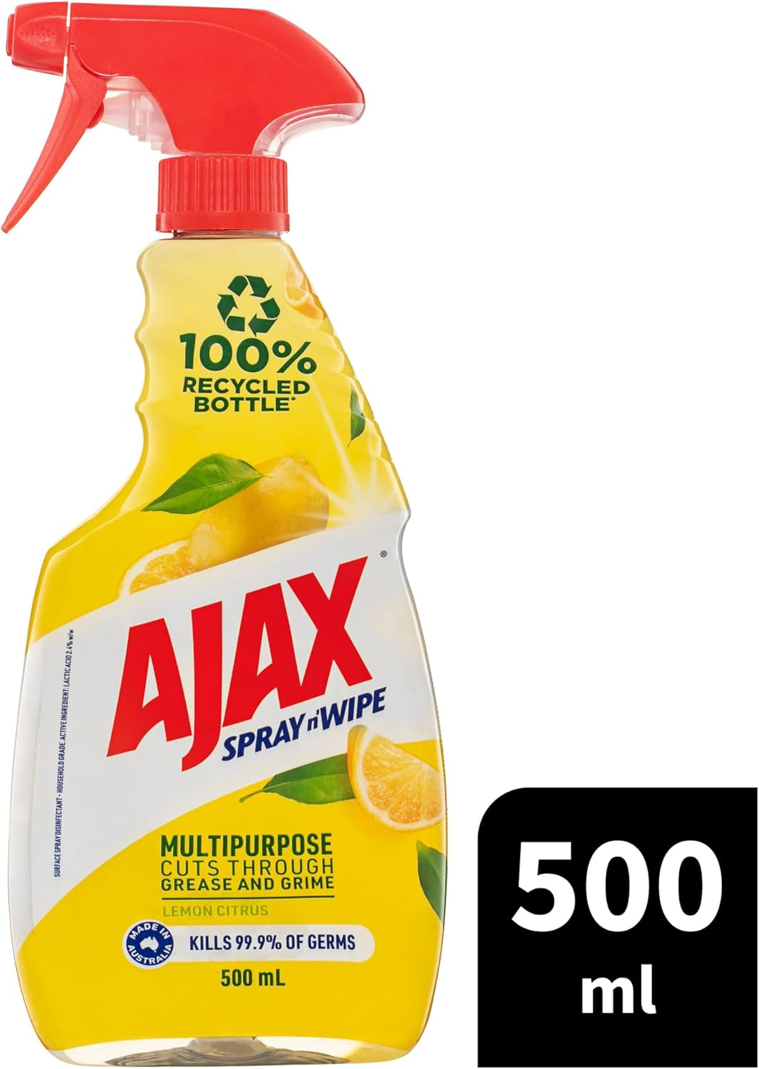 Ajax Spray N' Wipe Multi-Purpose Cleaner Trigger, Antibacterial Disinfectant, 500Ml, Lemon Citrus Surface Spray, Household Grade