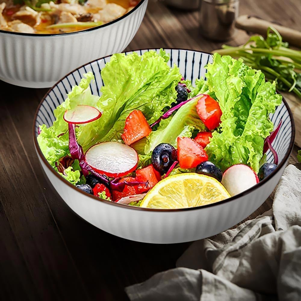 8 Inch Japanese Ramen Bowls Set of 3, 60 Oz Large Soup Bowl, Pho Bowls, Blue and White Porcelain Big Bowls for Eating, 3 Mixing Patterns