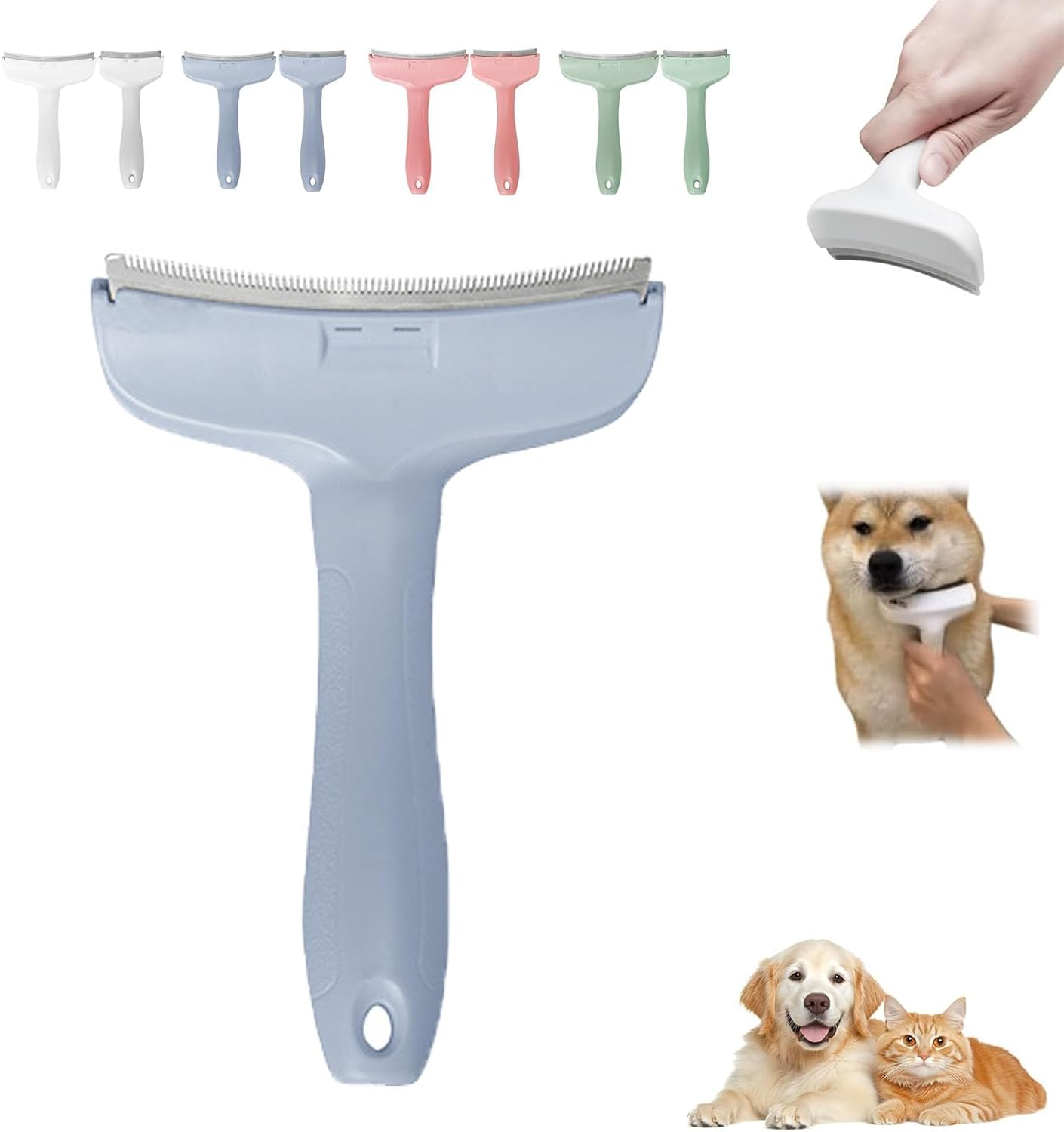 V-Tooth Deshedding Comb for Dogs and Cats, Pet Grooming Brush with Tight V-Shaped Teeth, Hair Removal Tool for Shedding Control, Ergonomic Handle for Short and Long Hair (Blue+Trumpet)