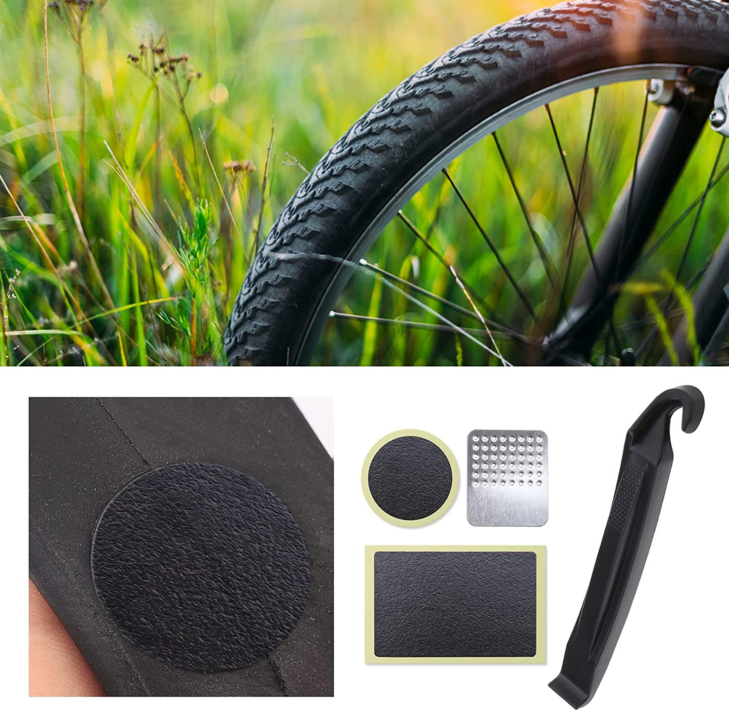 SING F LTD 1 Set of 30PCS Bicycle Tire Patch Repair Kit 12PCS round 12PCS Rectangular Glueless Self-Adhesive Patches with 4PCS Metal Rasps 2PCS Tire Levers Storage Box image number 3